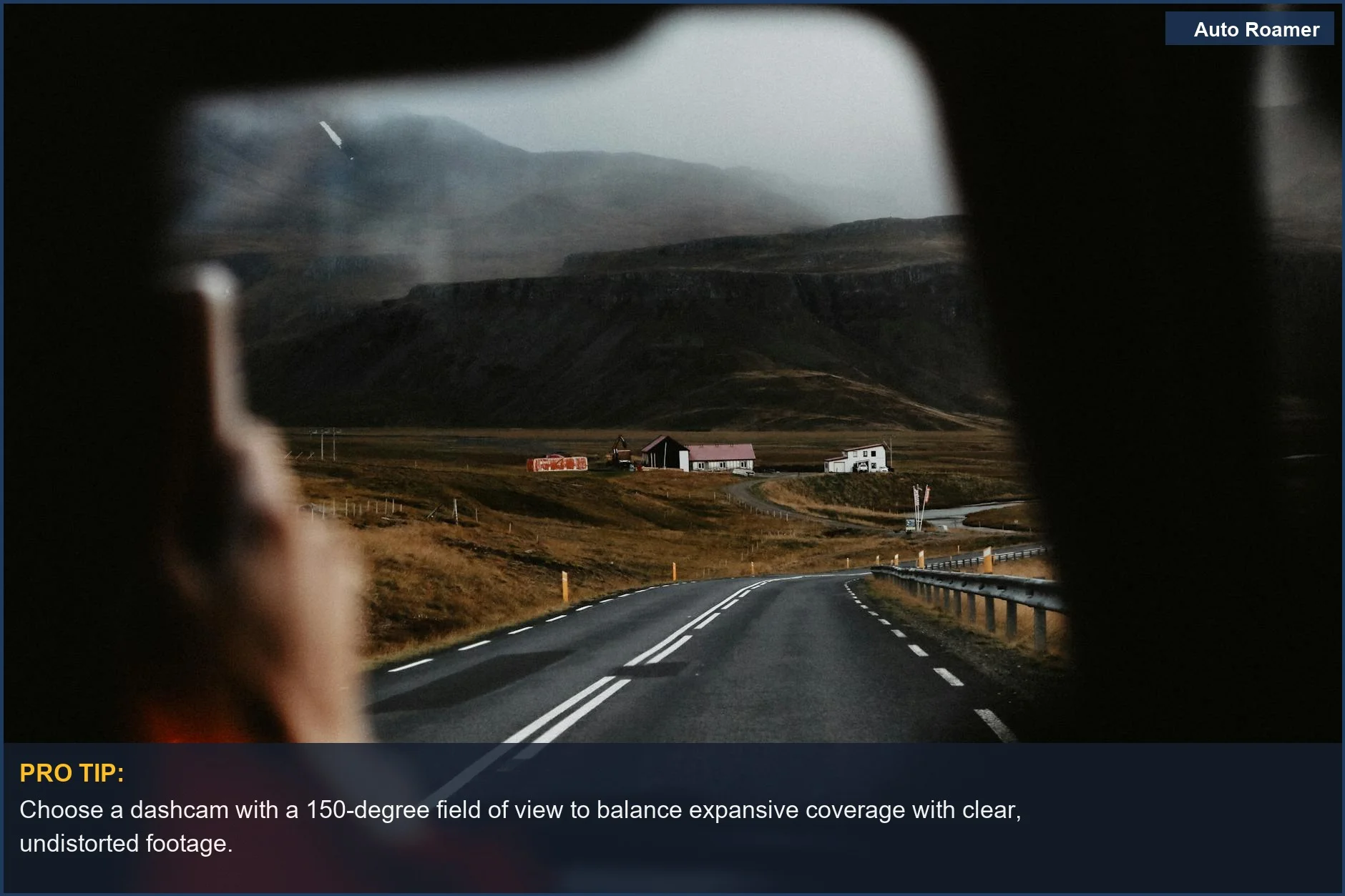 Scenic mountain road from car, illustrating dashcam field of view for comprehensive coverage.