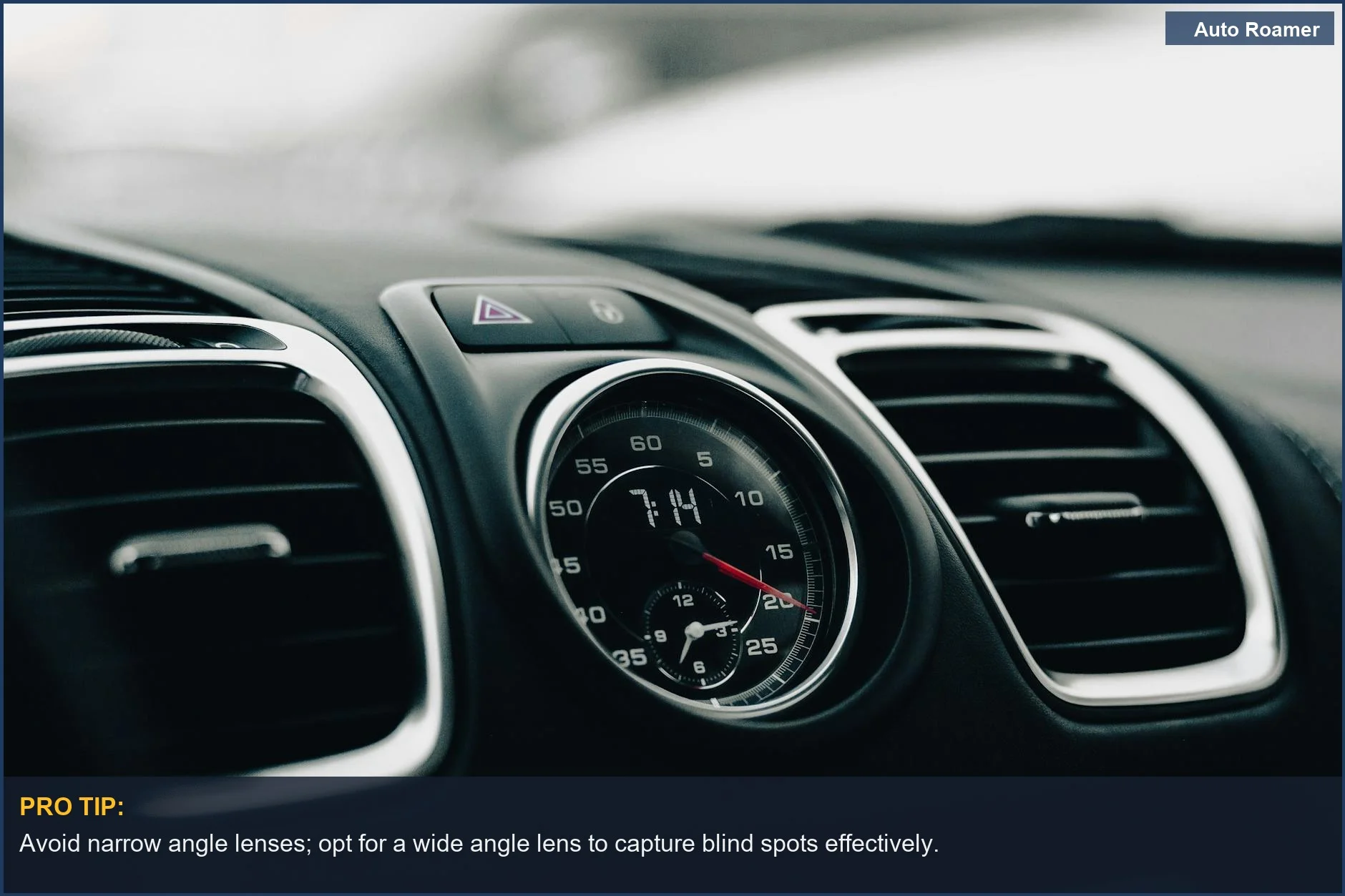 Close-up of car dashboard with speedometer, illustrating how narrow dashcam field of view impacts visibility.