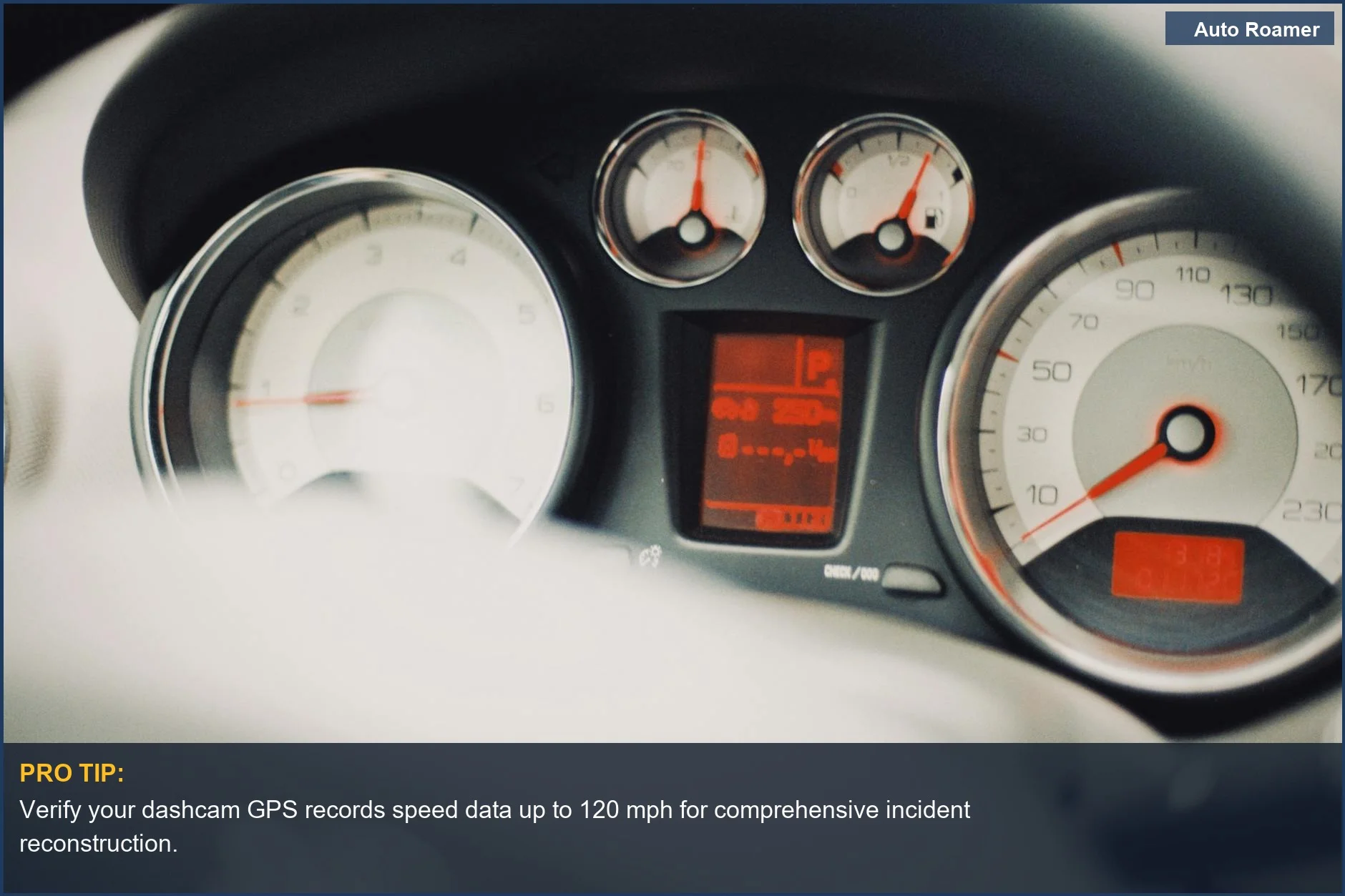 Car dashboard with speedometer and gauges, highlighting dashcam GPS functionality for tracking speed.