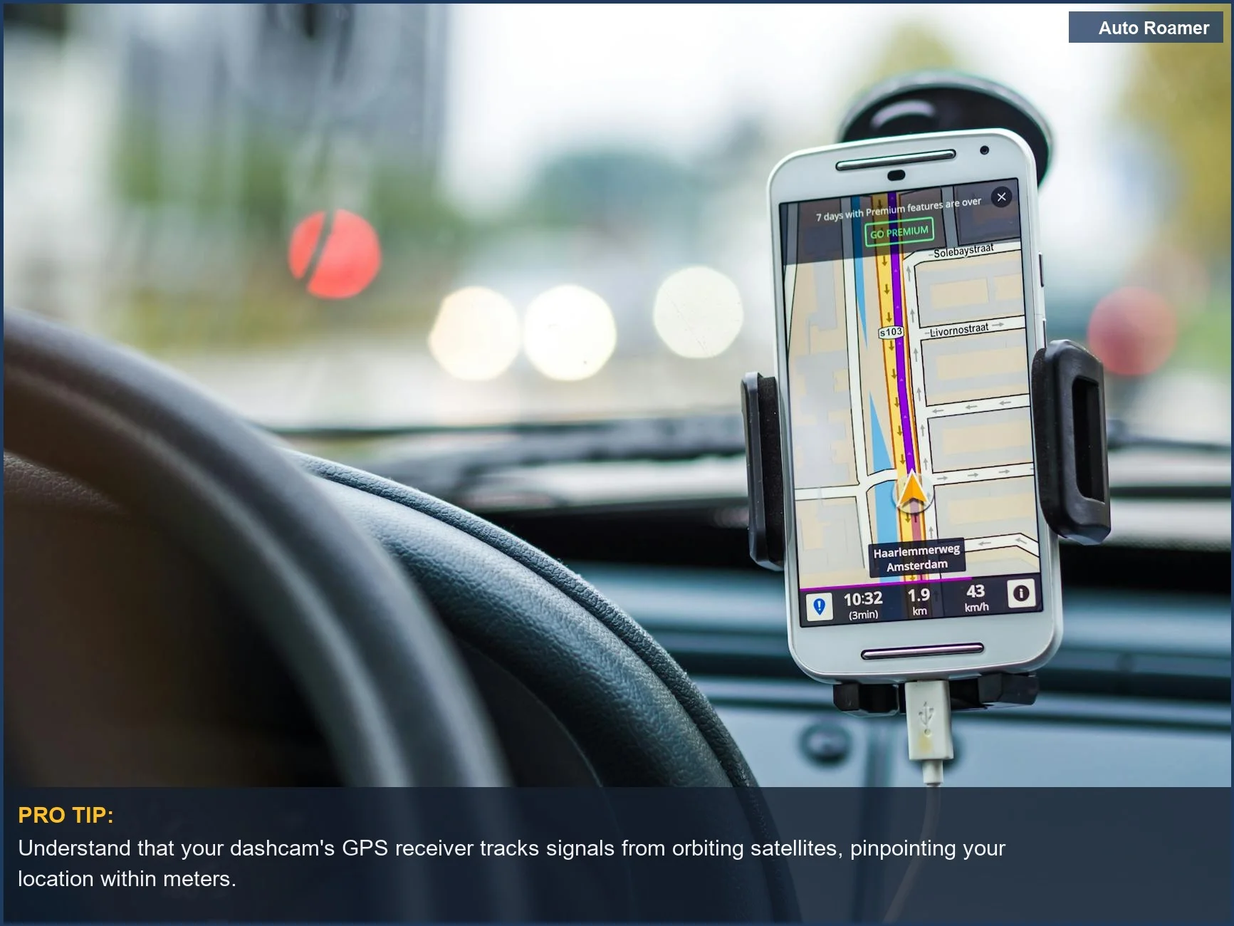 Smartphone navigation screen in a car, demonstrating the core concept of GPS tracking used in dashcams.