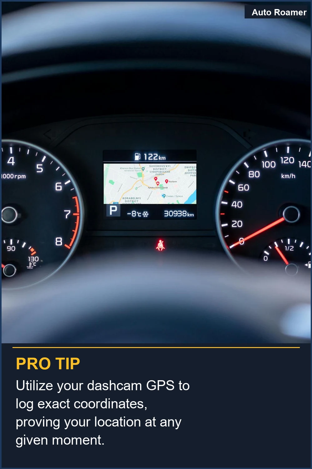 Utilize your dashcam GPS to log exact coordinates, proving your location at any given moment.