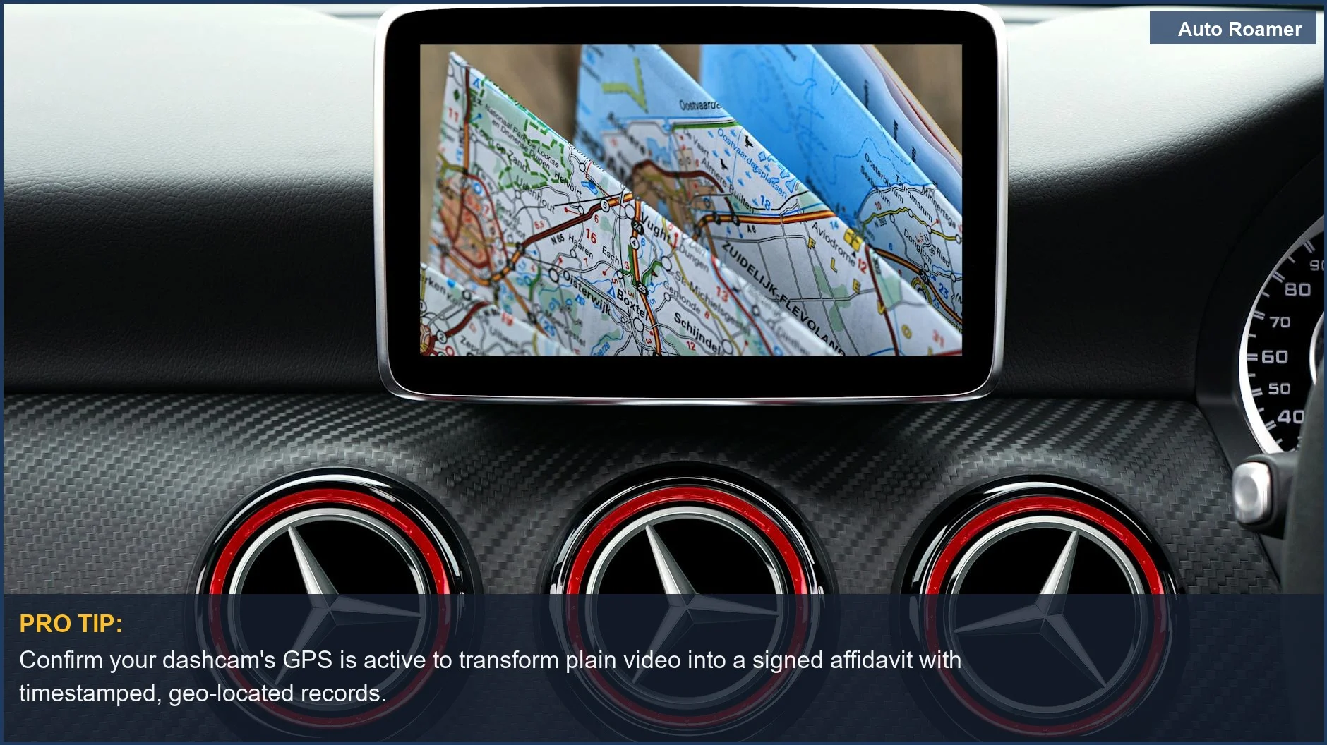 Luxury car dashboard with GPS map, highlighting the value of geo-located dashcam footage over plain video.
