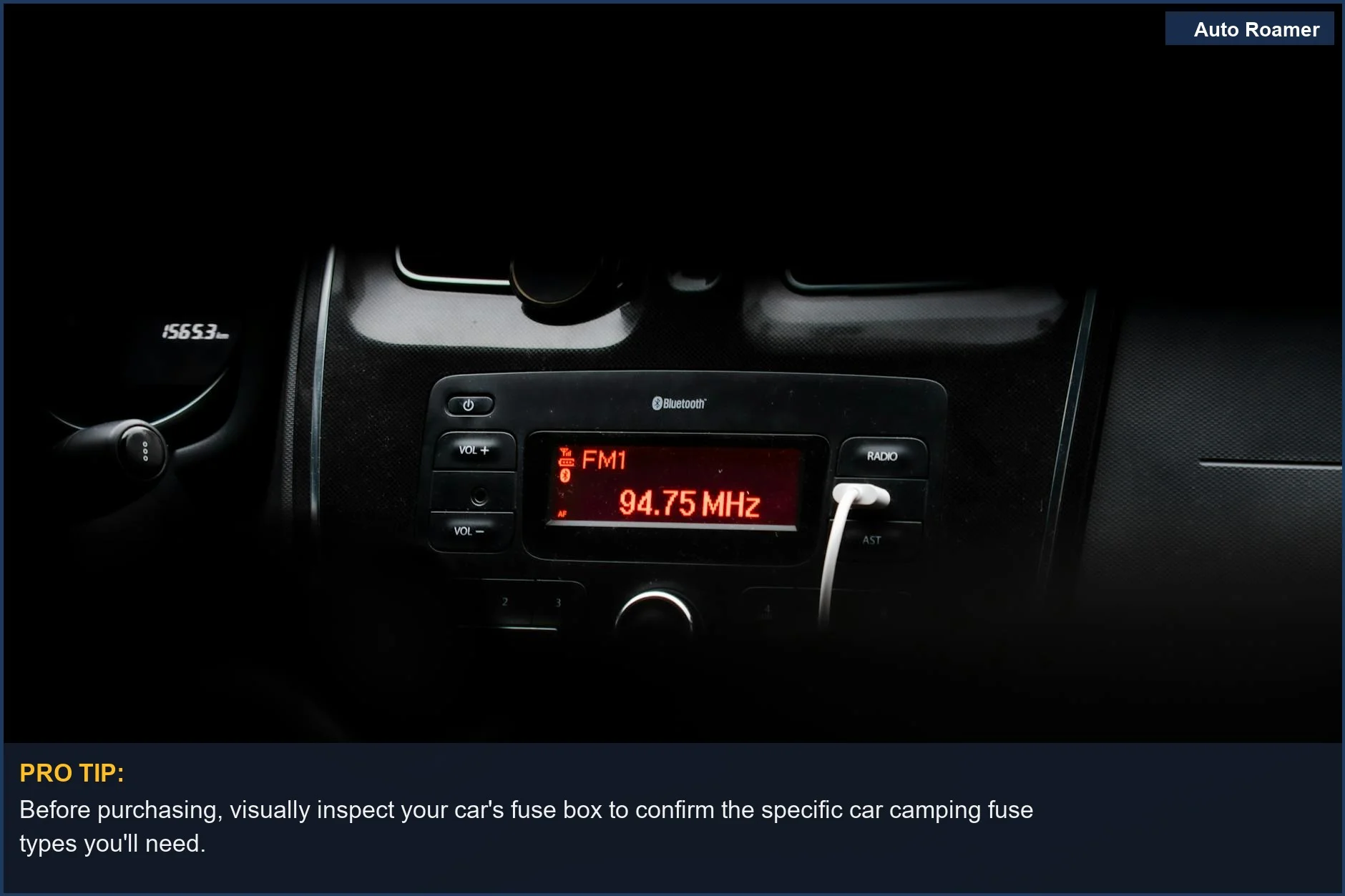Close-up of a car's dashboard radio display, a good place to check for fuse box accessibility for car camping fuse types.
