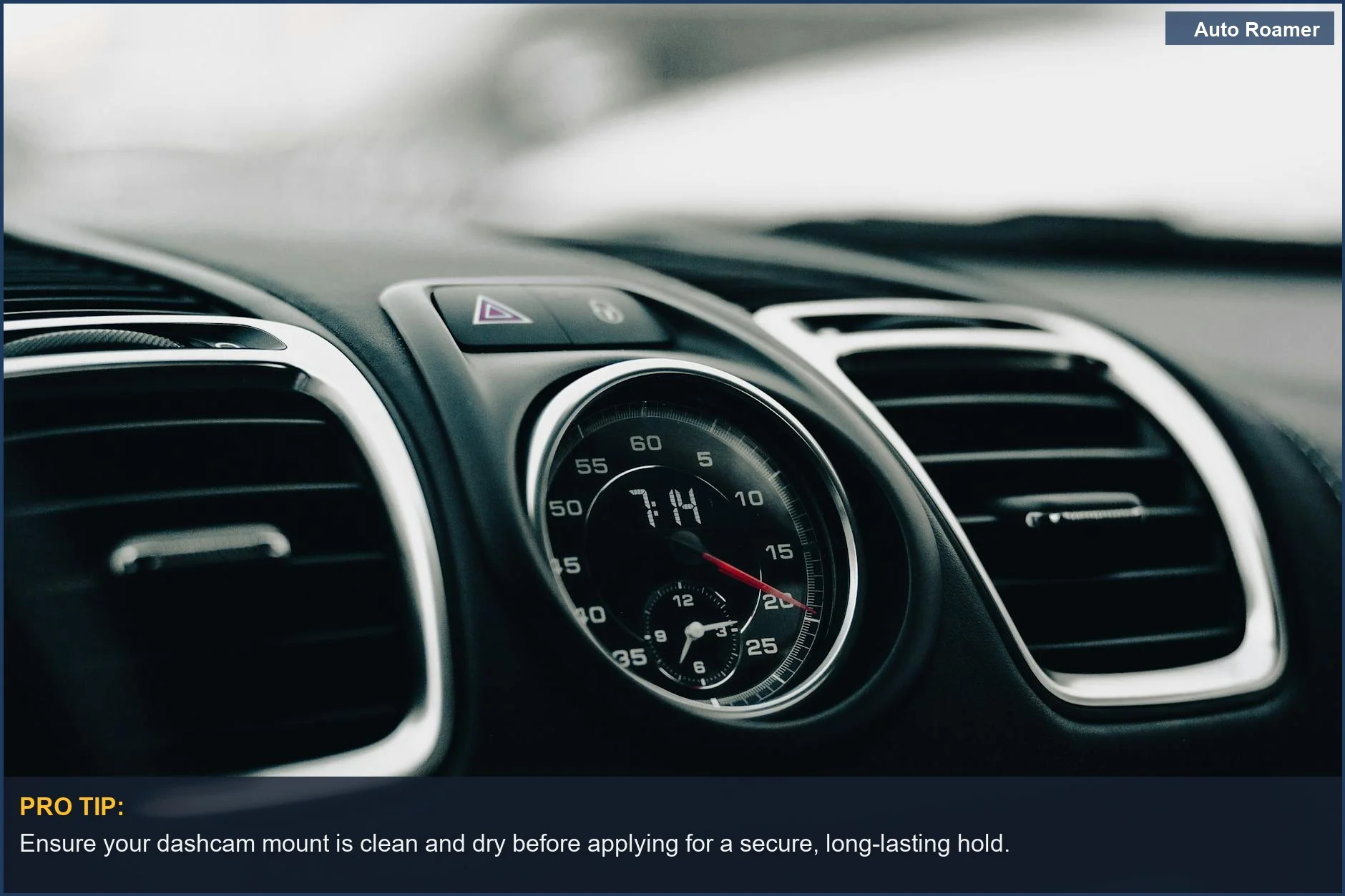 Modern car dashboard with speedometer and vents, illustrating simple dashcam installation.