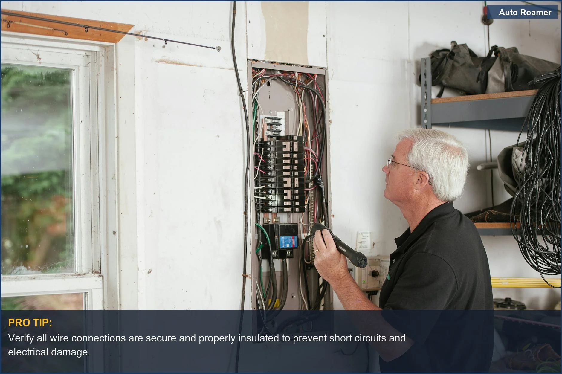 Electrician inspecting a residential fuse box, illustrating the importance of correct electrical connections for dashcam installs.