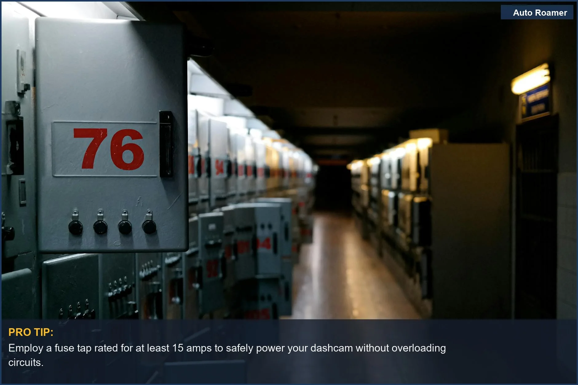 Dimly lit industrial control room with fuse boxes, representing complex electrical systems vulnerable to dashcam installation errors.