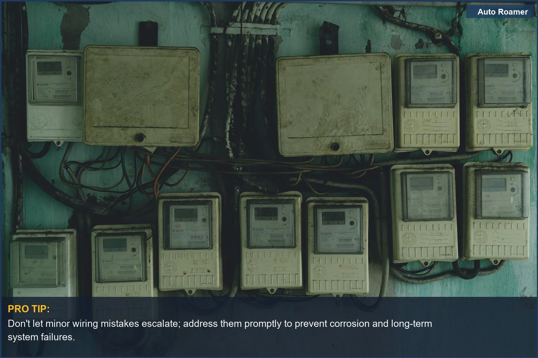 Aged, rusty outdoor electrical panels serving as a metaphor for neglected dashcam installation problems and future costs.