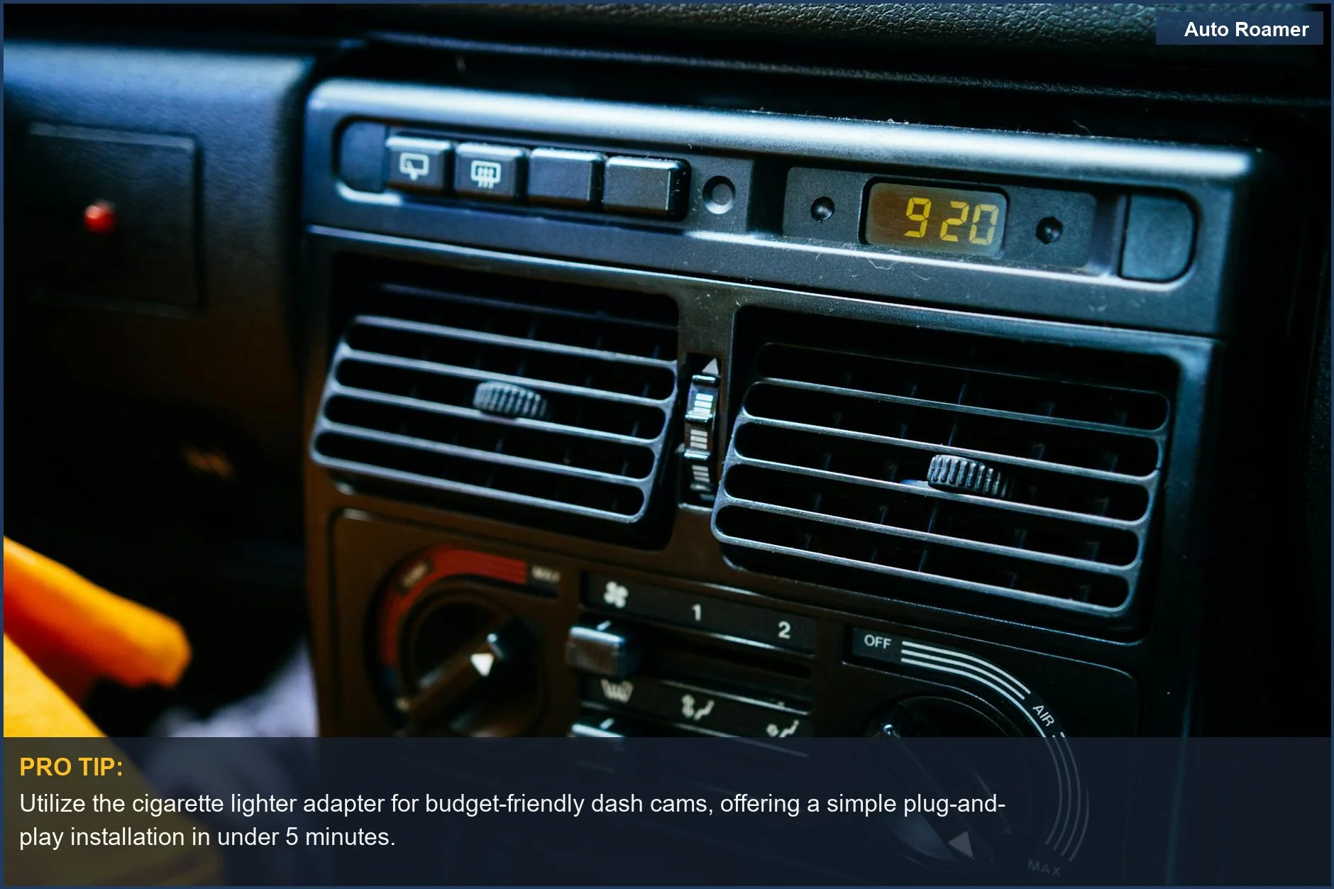 Detailed car dashboard with control knobs and digital clock, illustrating easy dashcam plug-and-play setup.