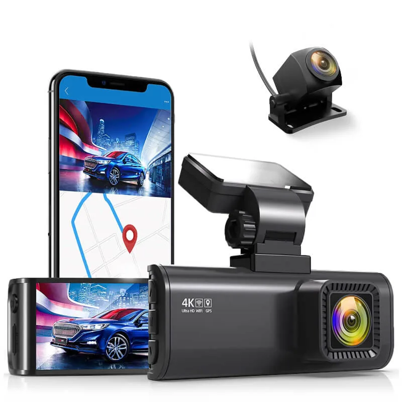 A Redtiger 4K dash cam shown with its rear camera and a phone running the companion app.