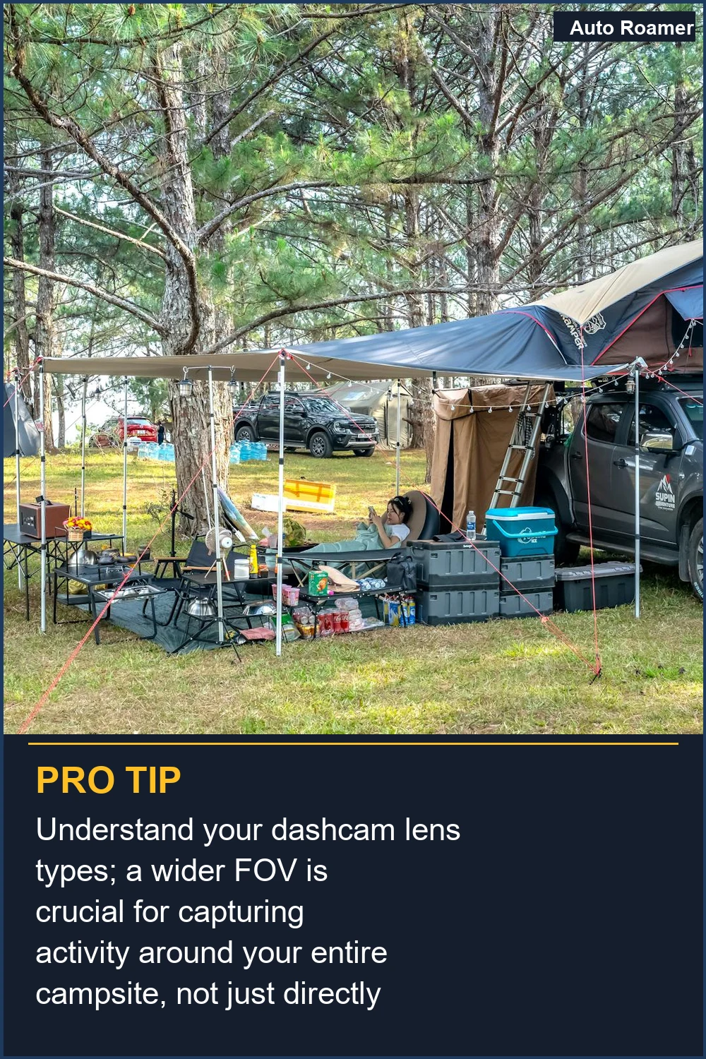 Understand your dashcam lens types; a wider FOV is crucial for capturing activity around your entire campsite, not just directly in front.
