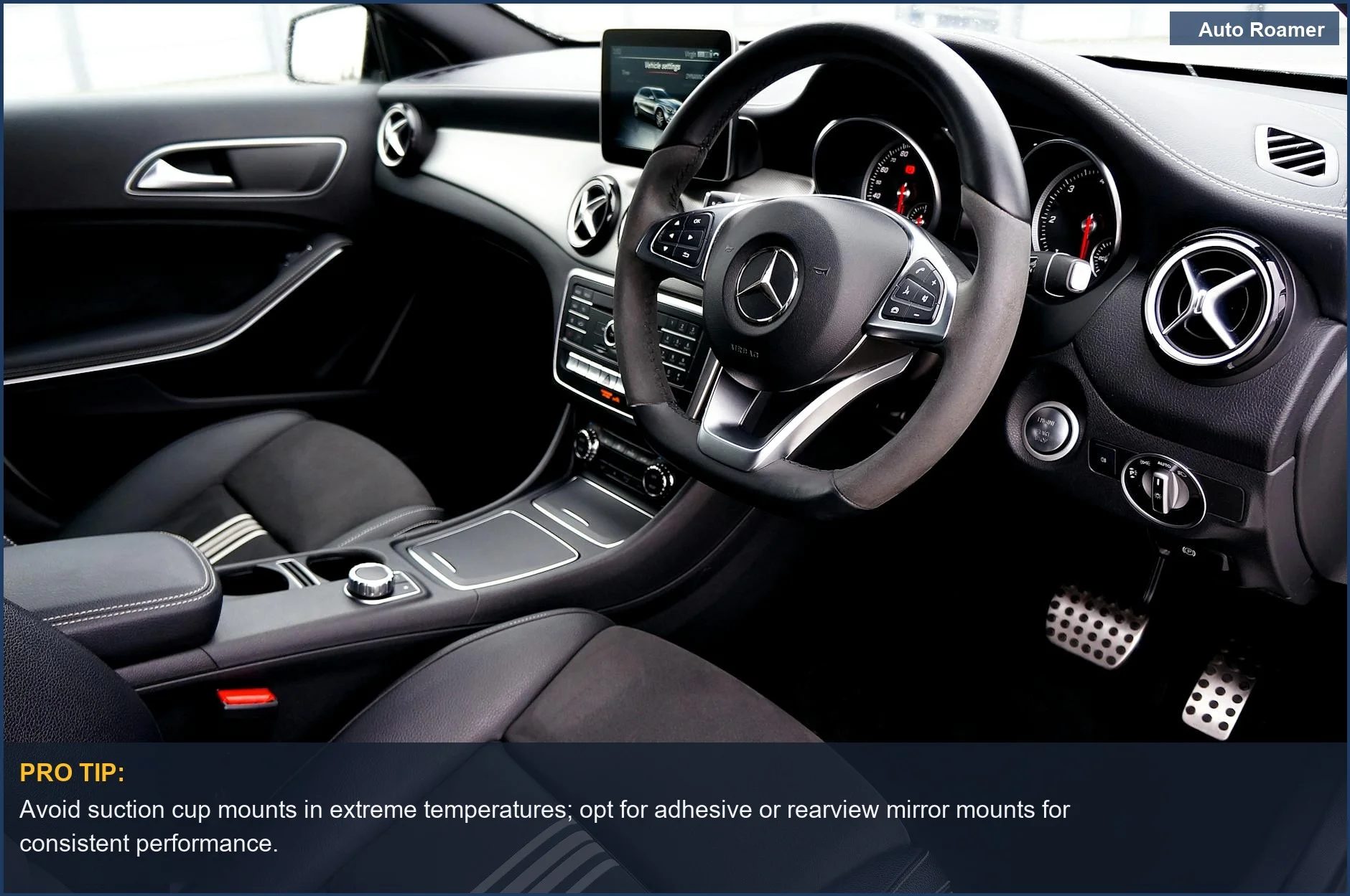 Stylish Mercedes car interior, featuring a steering wheel and dashboard, demonstrating premium dashcam mount choices.