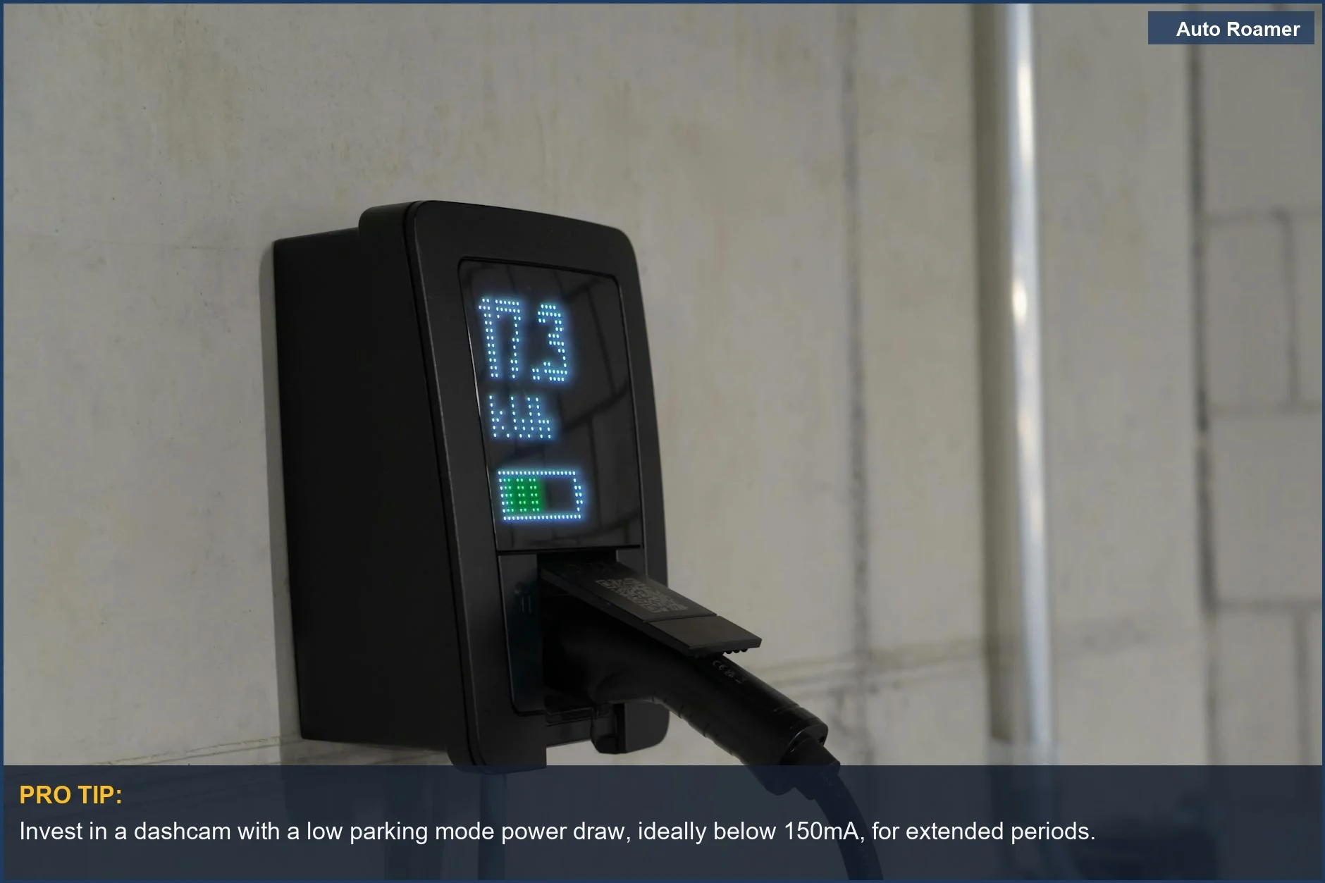 Close-up of EV charging station technology, highlighting parking mode power draw considerations.