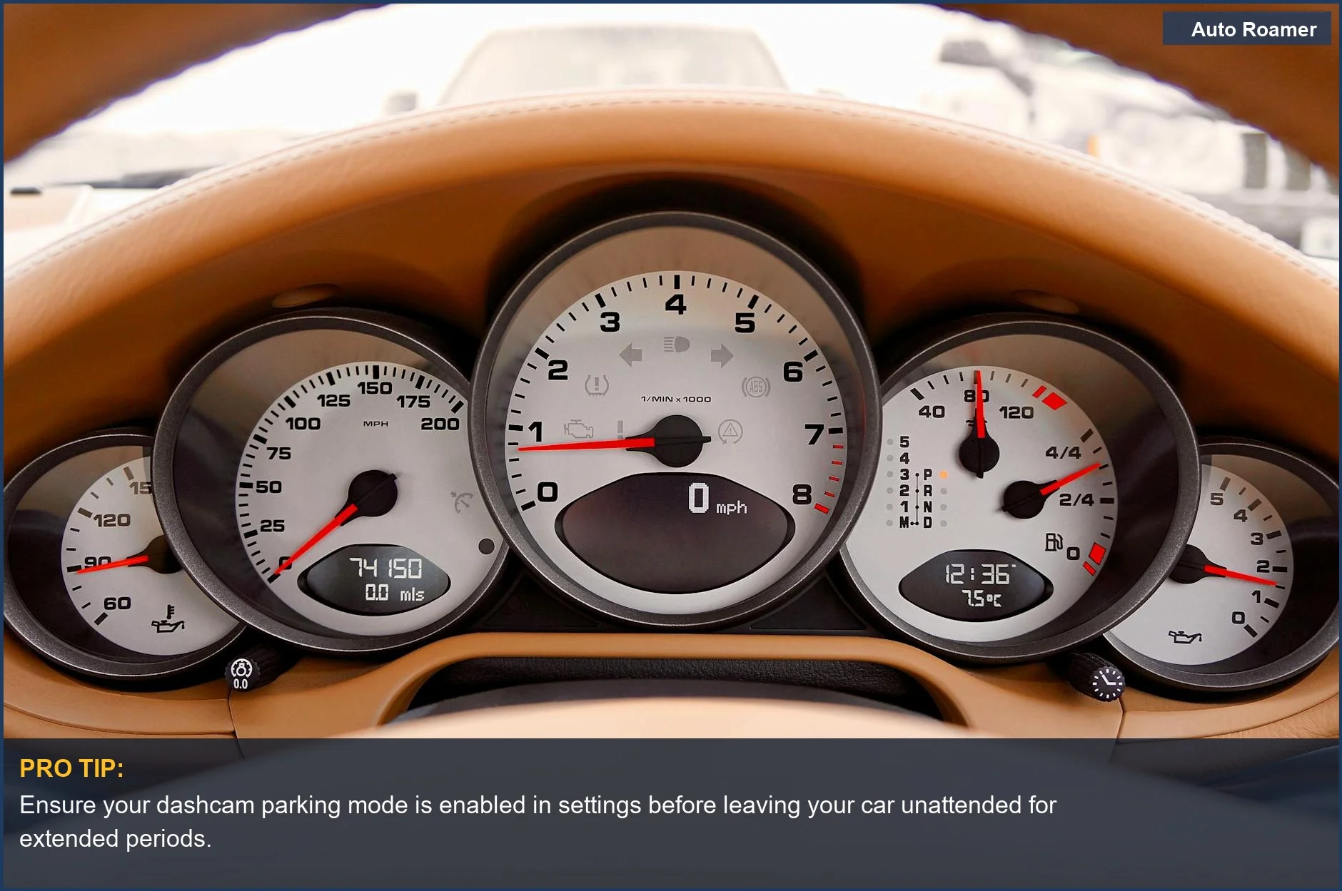 Car dashboard gauges and speedometer are crucial for monitoring your vehicle's status during dashcam parking mode setup.