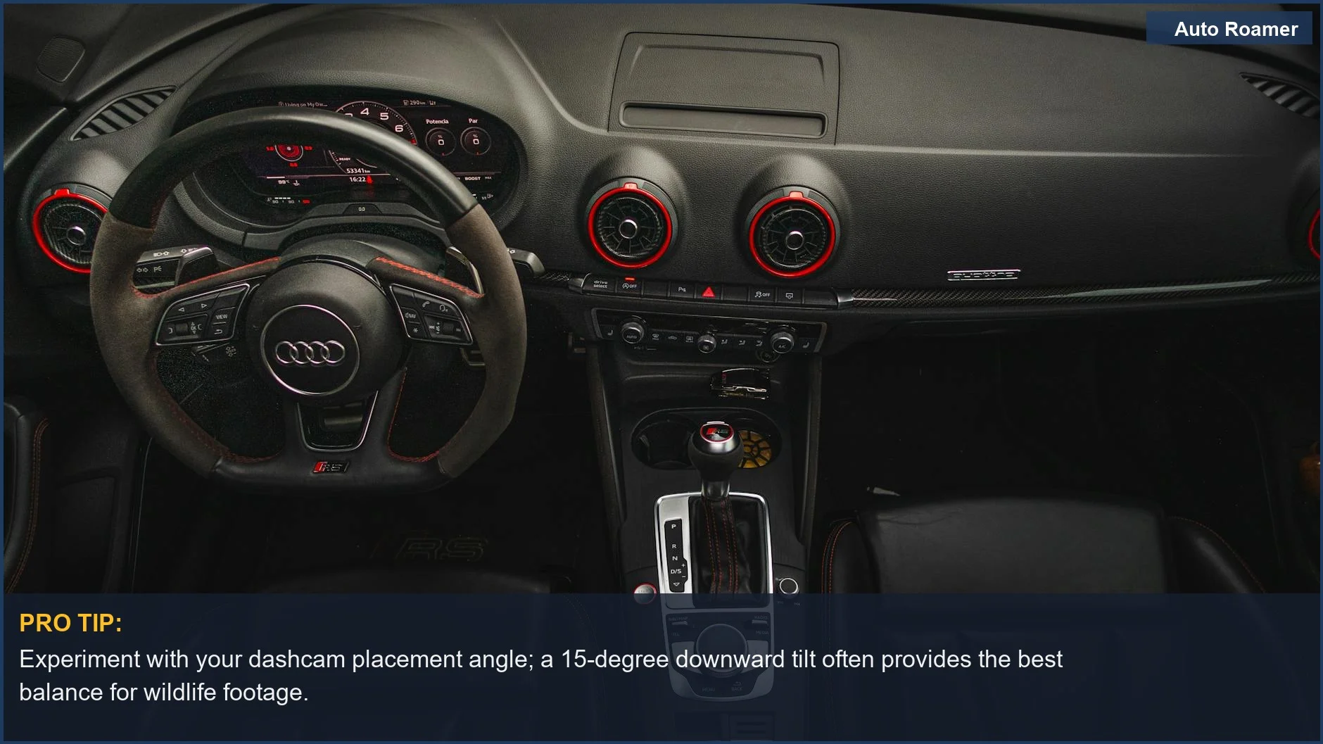 Sleek luxury car interior with a detailed dashboard and steering wheel, useful for dashcam positioning.