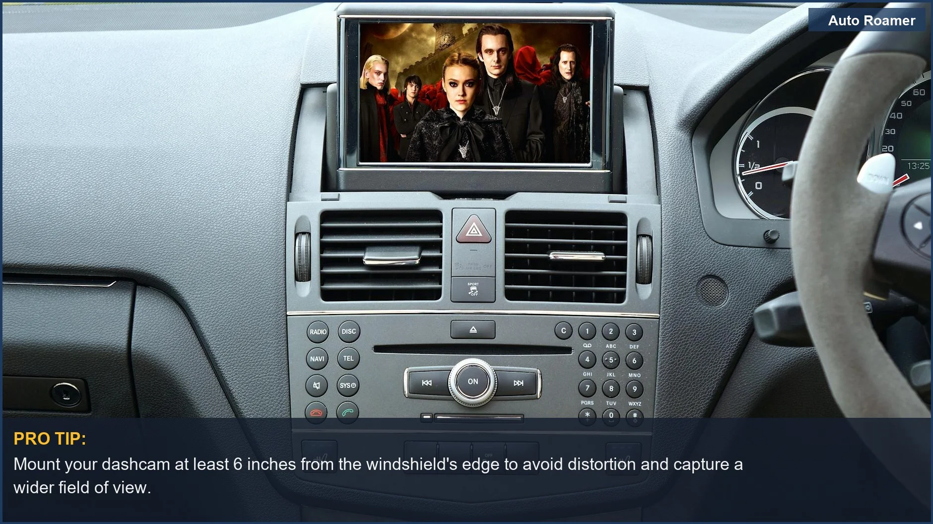Modern car dashboard with a large screen, ideal for dashcam placement for wildlife camera setup while camping.