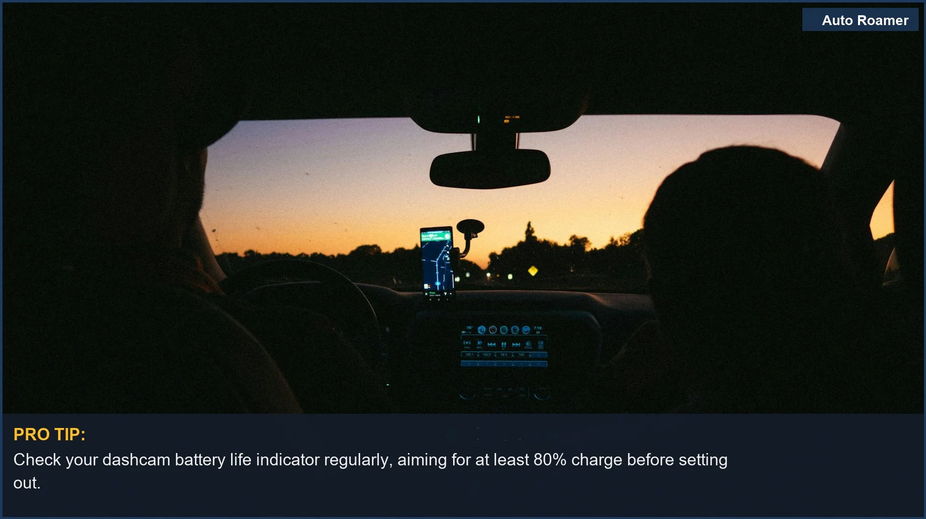 Car interior with navigation app at sunset, illustrating technology and dashcam battery options for travel.