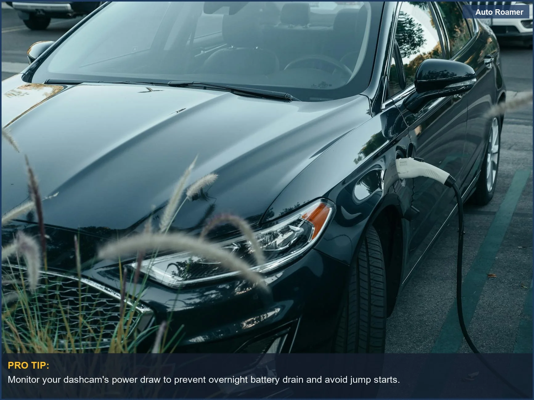 Close-up of an electric car charging at a city parking lot station, showcasing clean energy dashcam power.