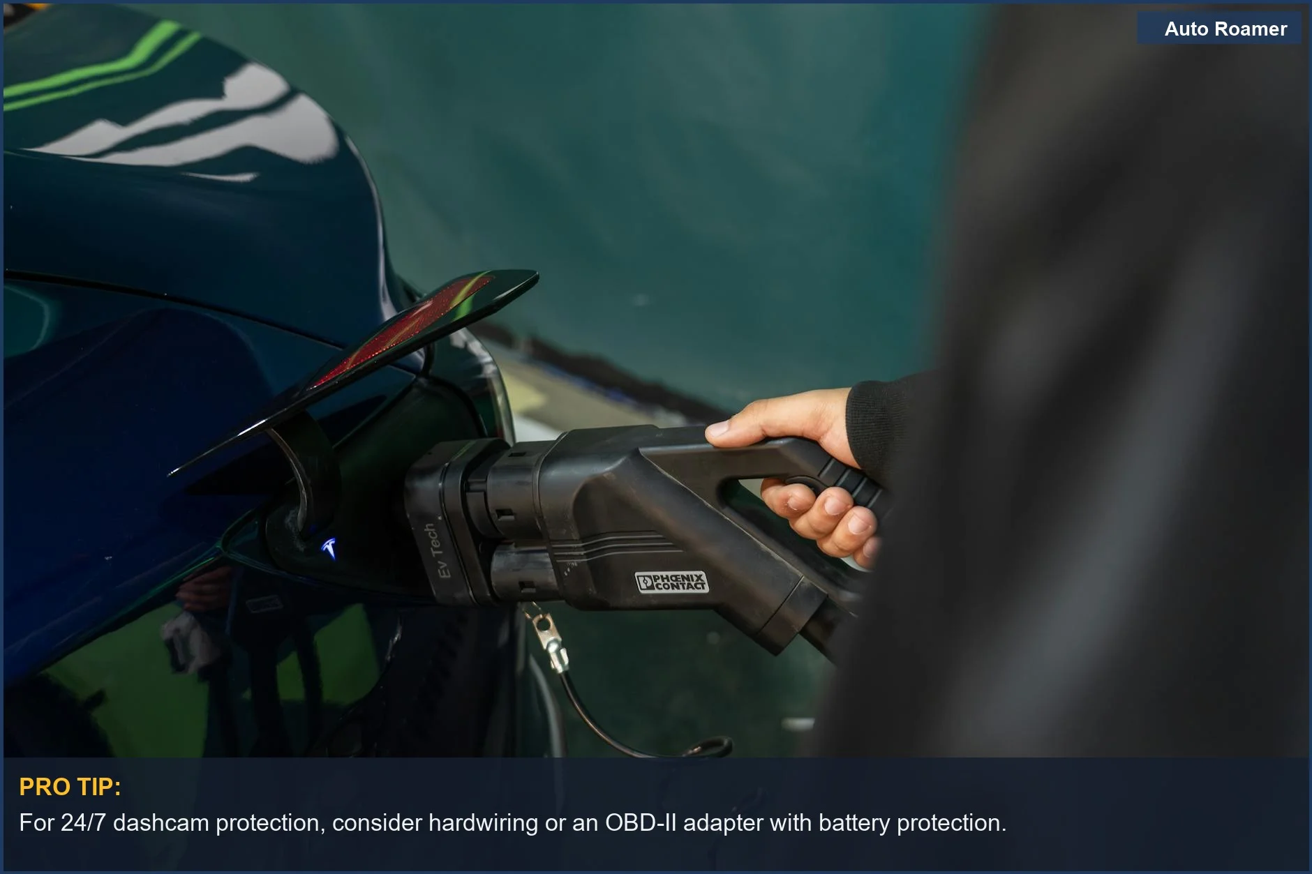 Close-up of an electric vehicle being charged at a station, demonstrating a reliable dashcam installation power option.