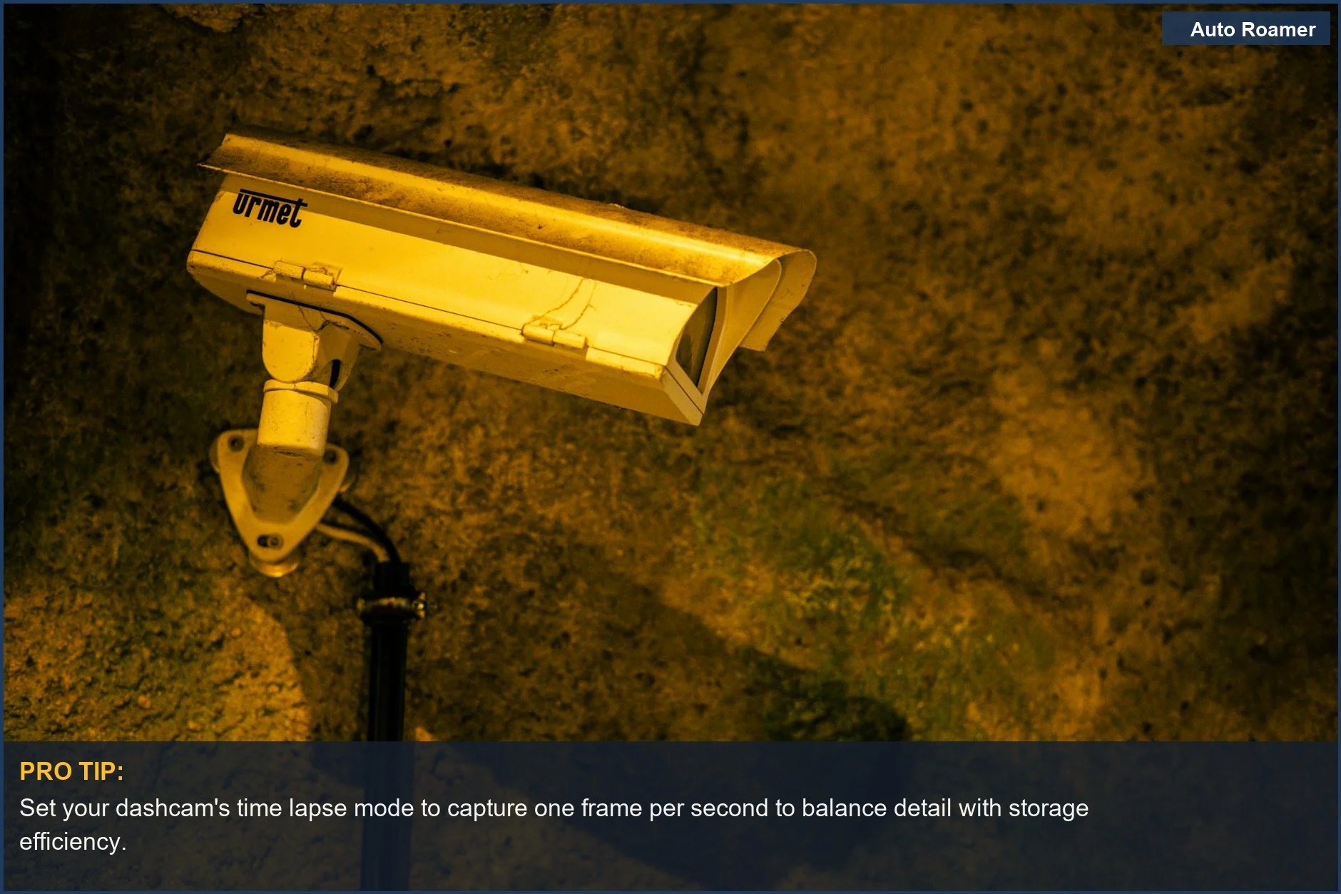 Close-up of a security camera on a textured wall at night, ideal for dashcam time lapse car camping.