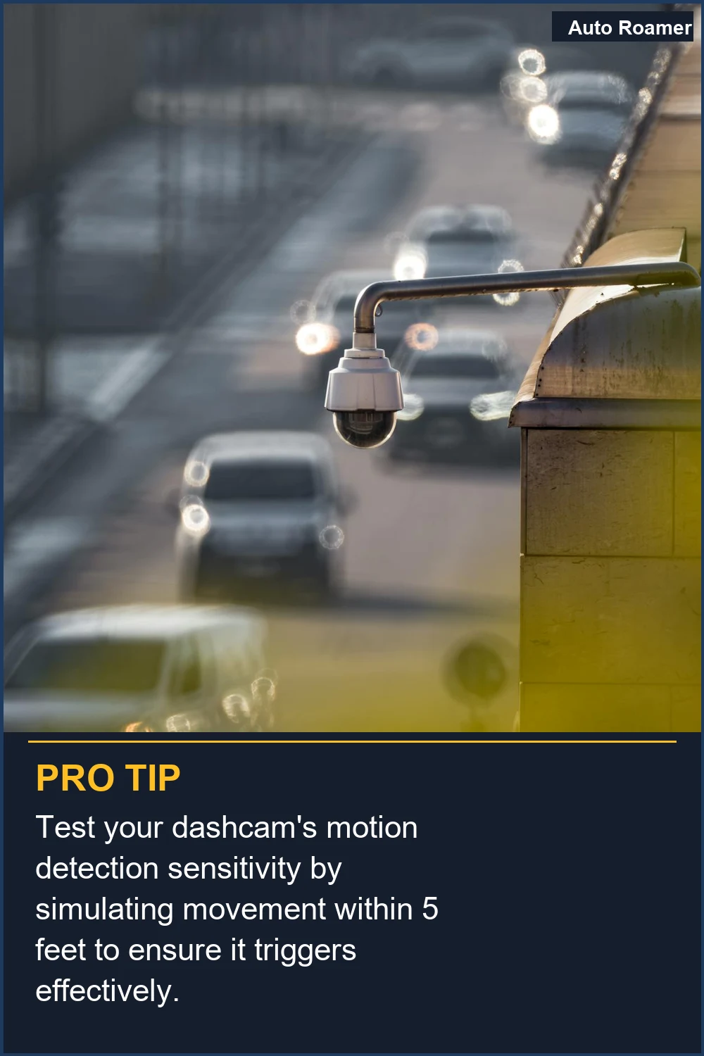 Test your dashcam's motion detection sensitivity by simulating movement within 5 feet to ensure it triggers effectively.