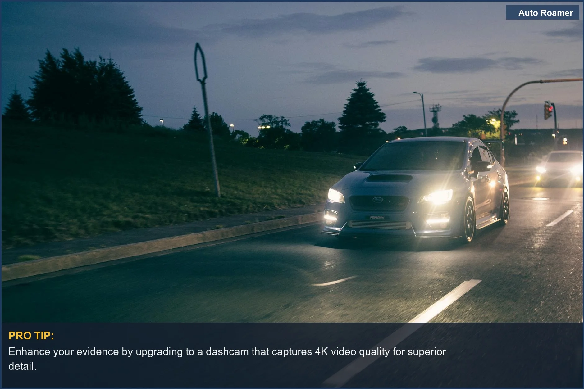 Sleek Subaru WRX driving on a city street at dusk, headlights on, demonstrating night travel video quality.