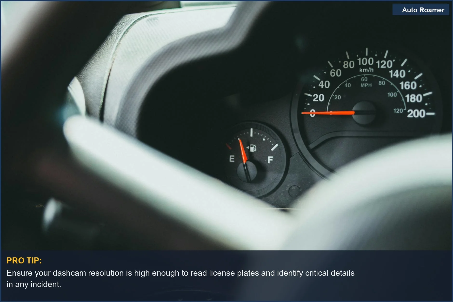 Close-up of a car dashboard with speedometer and fuel gauge, highlighting the importance of dashcam resolution for evidence.
