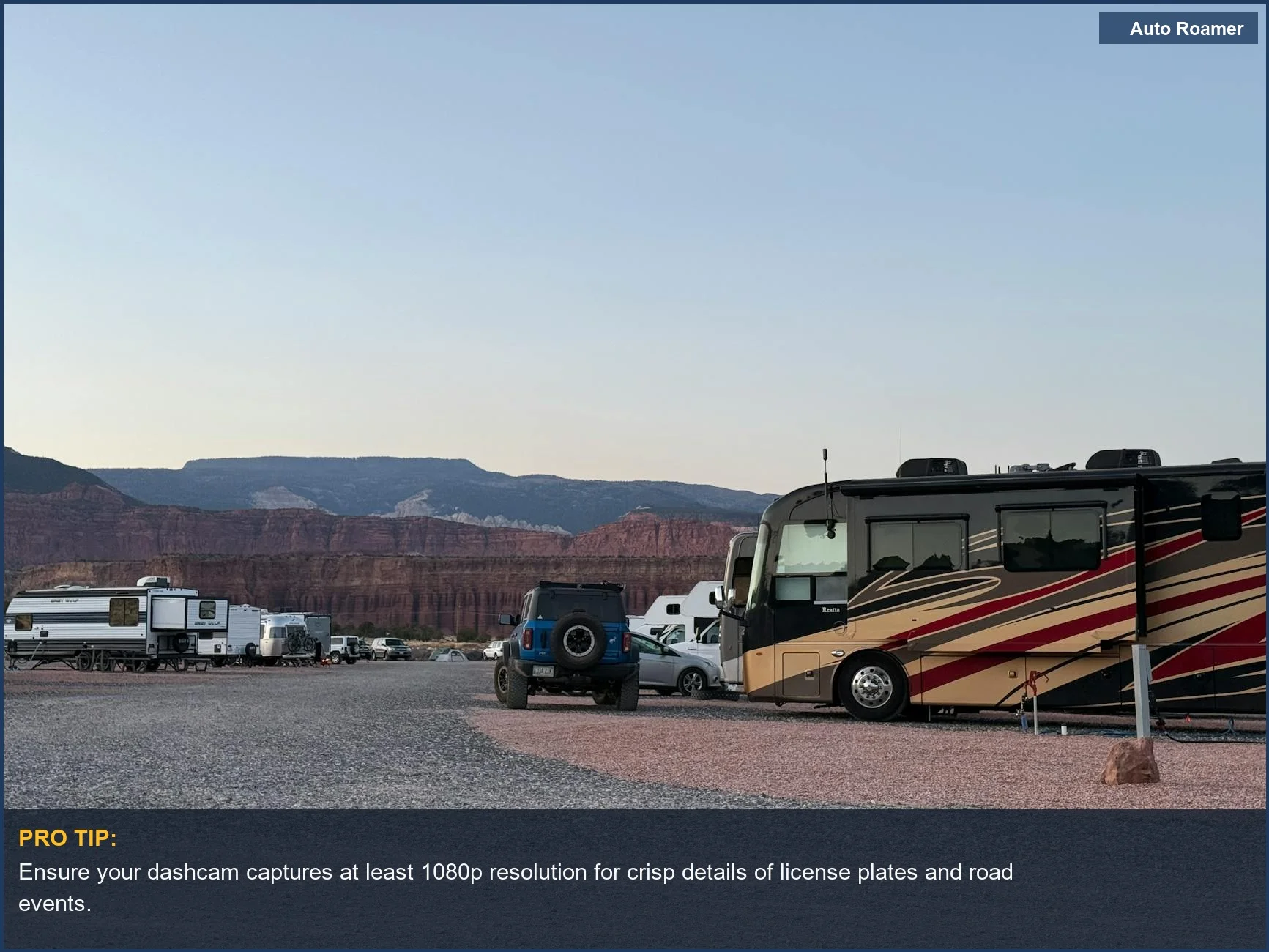 RVs parked in Utah's red rocks, highlighting the need for clear RV dashcam video quality for rear view recording.