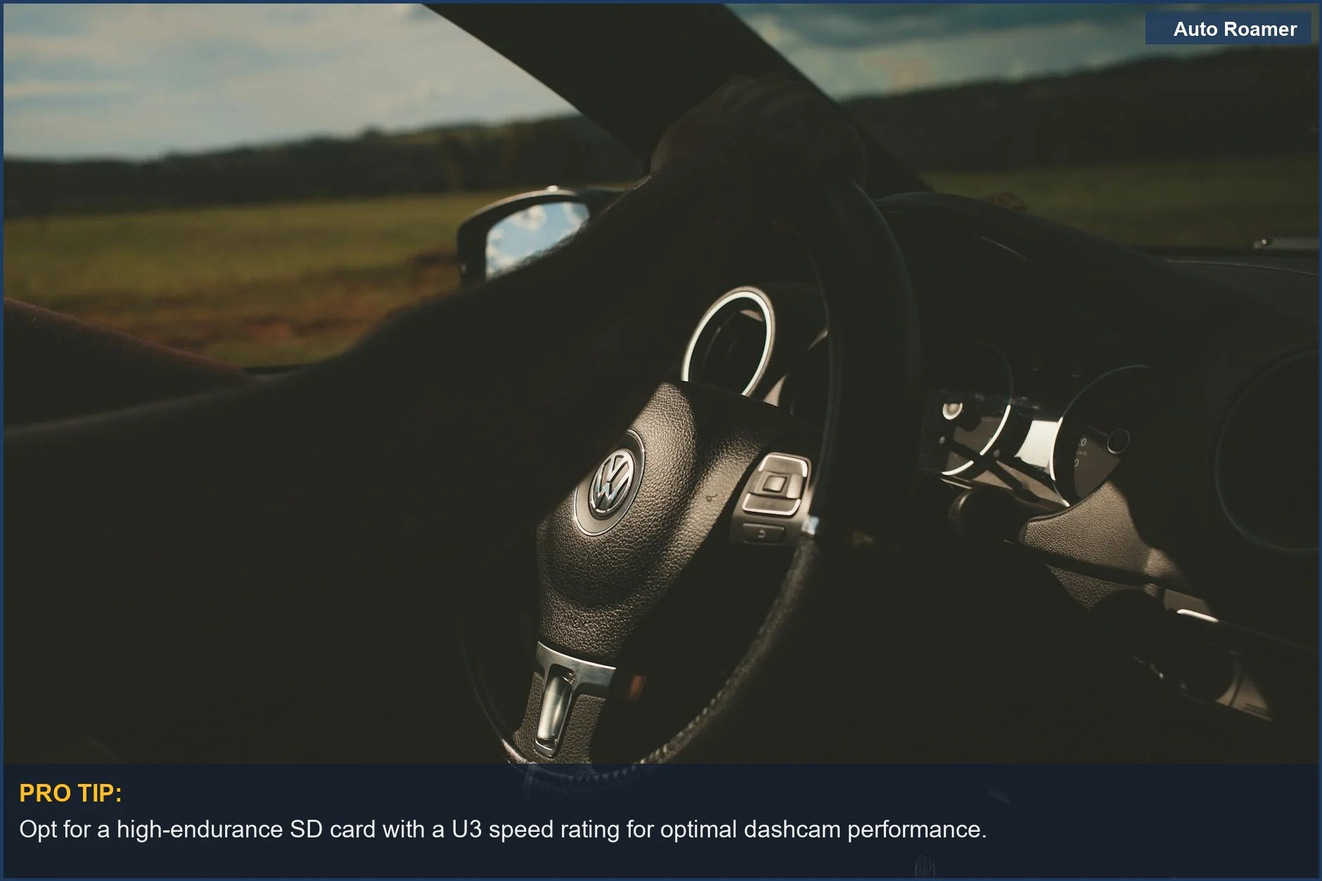 Detailed shot of a car's steering wheel and dashboard, illustrating the core of dashcam storage setup.