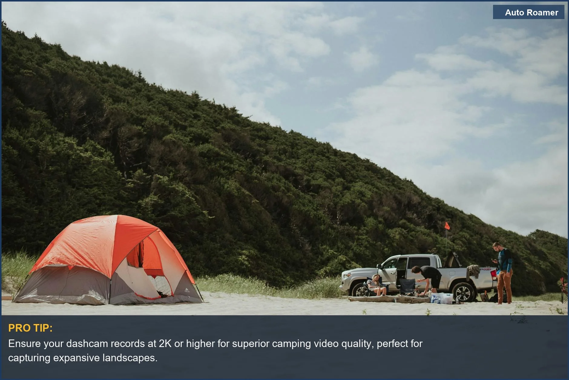 Travelers with a car and tent on a sandy beach, showcasing the need for reliable dashcam video quality in remote areas.
