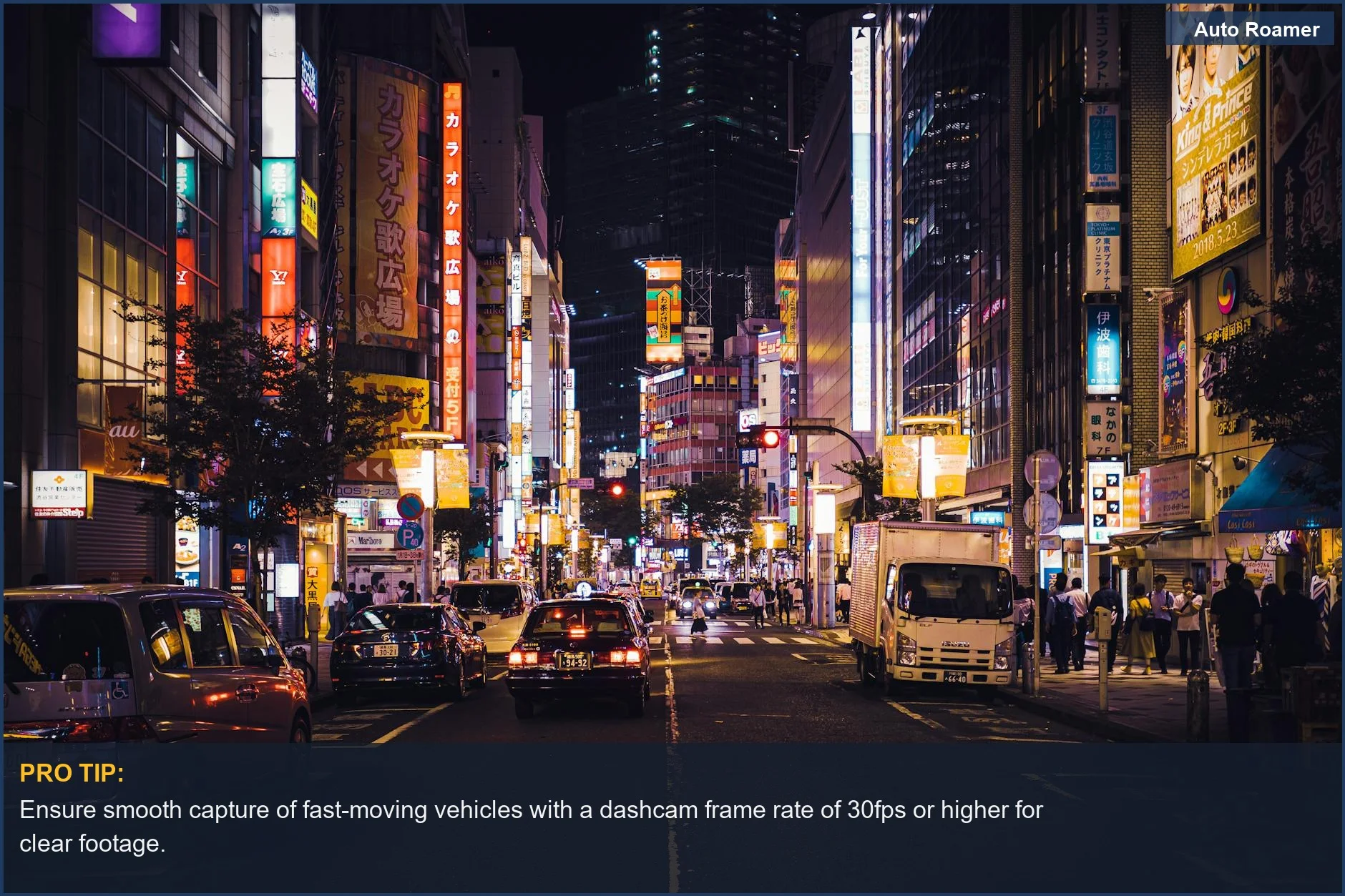 Bustling Tokyo traffic at night with neon lights, emphasizing dashcam frame rate for smooth motion.