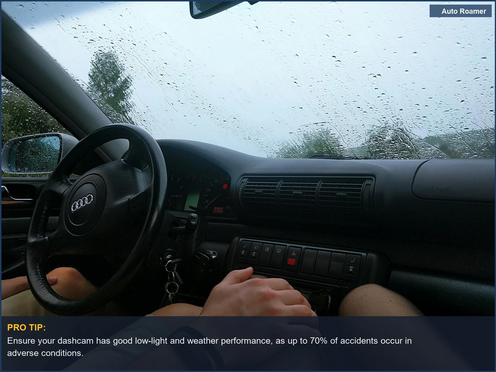 Car interior on a rainy day, showing dashboard and steering wheel, a common scene for dashcam types.