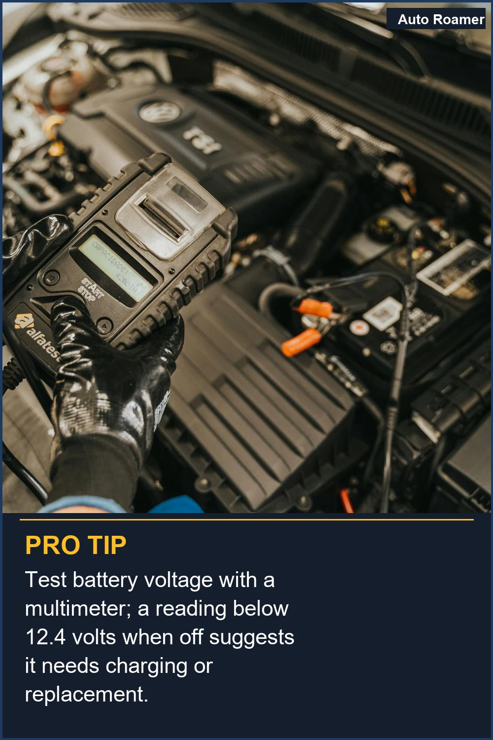 Test battery voltage with a multimeter; a reading below 12.4 volts when off suggests it needs charging or replacement.