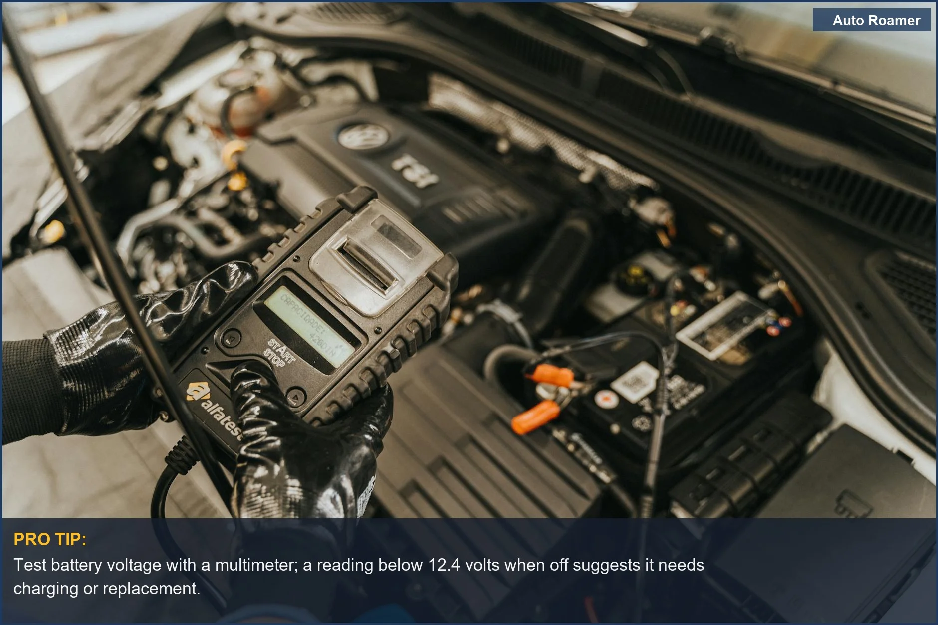 Automotive technician expertly diagnoses car engine with advanced diagnostic equipment for battery or alternator issues.