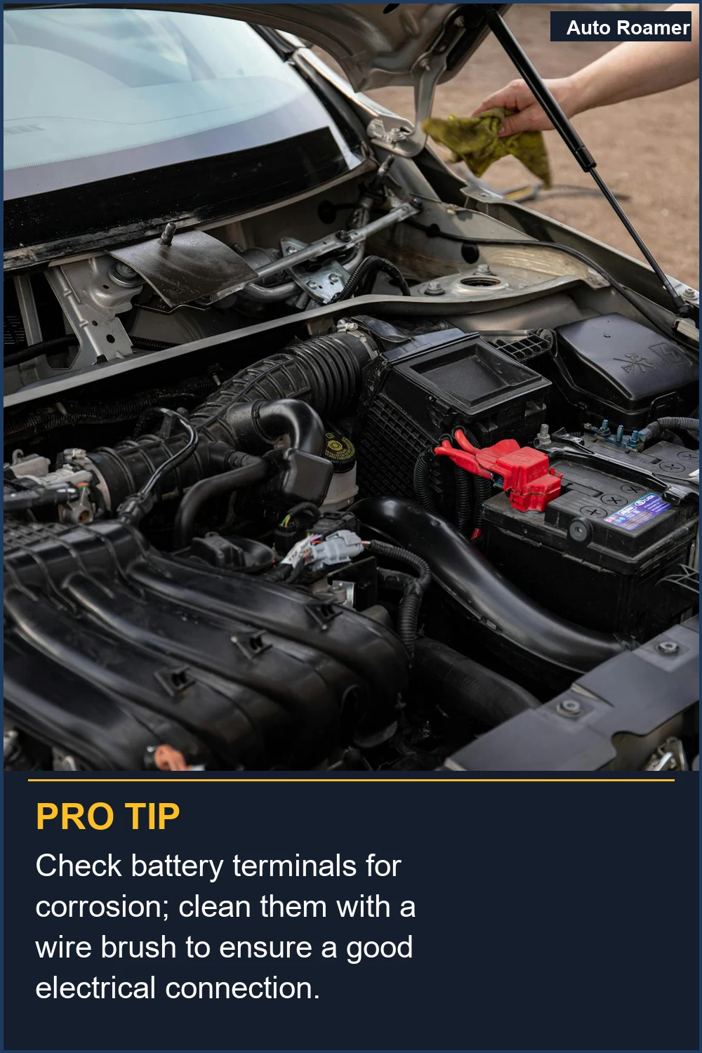Check battery terminals for corrosion; clean them with a wire brush to ensure a good electrical connection.