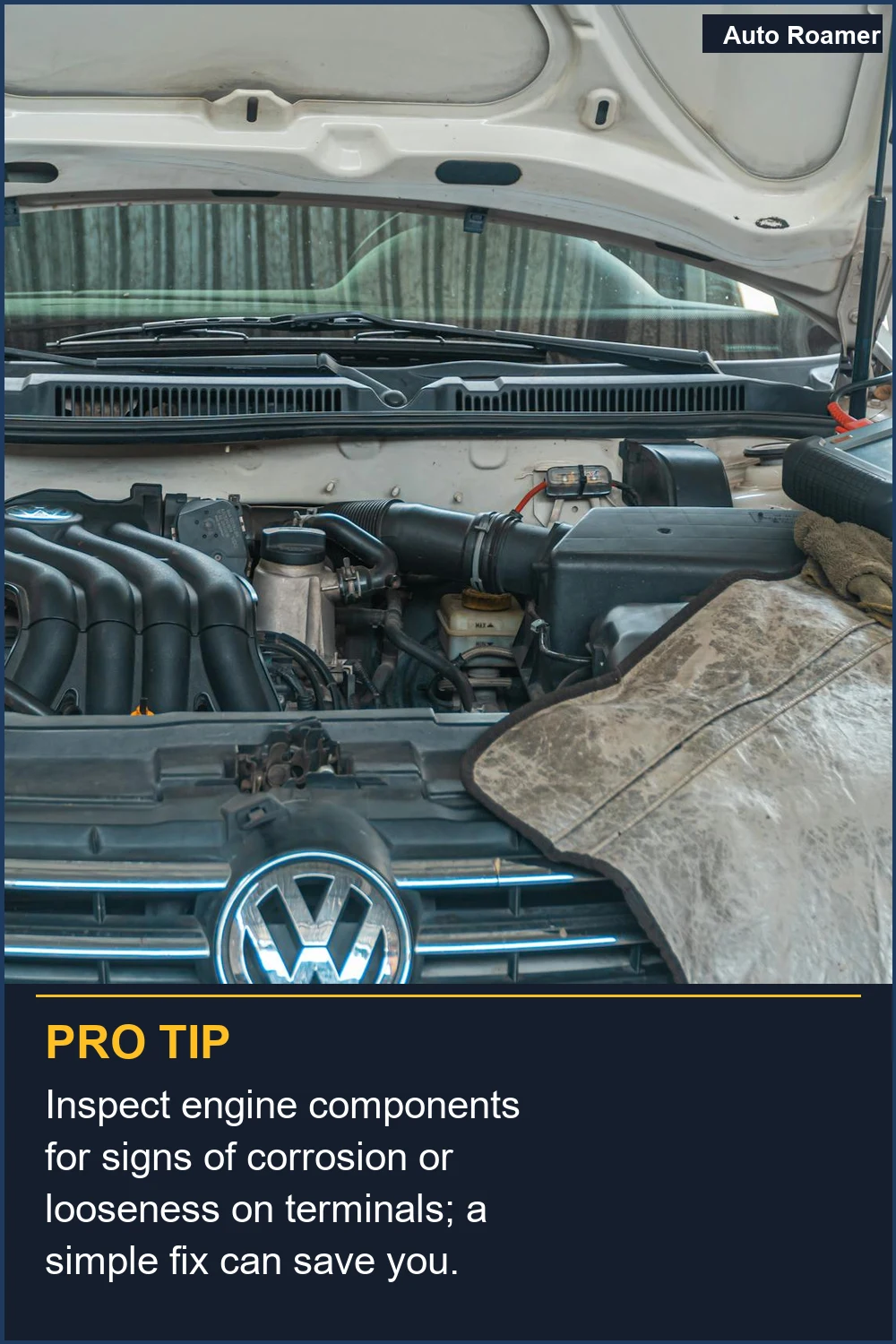 Inspect engine components for signs of corrosion or looseness on terminals; a simple fix can save you.