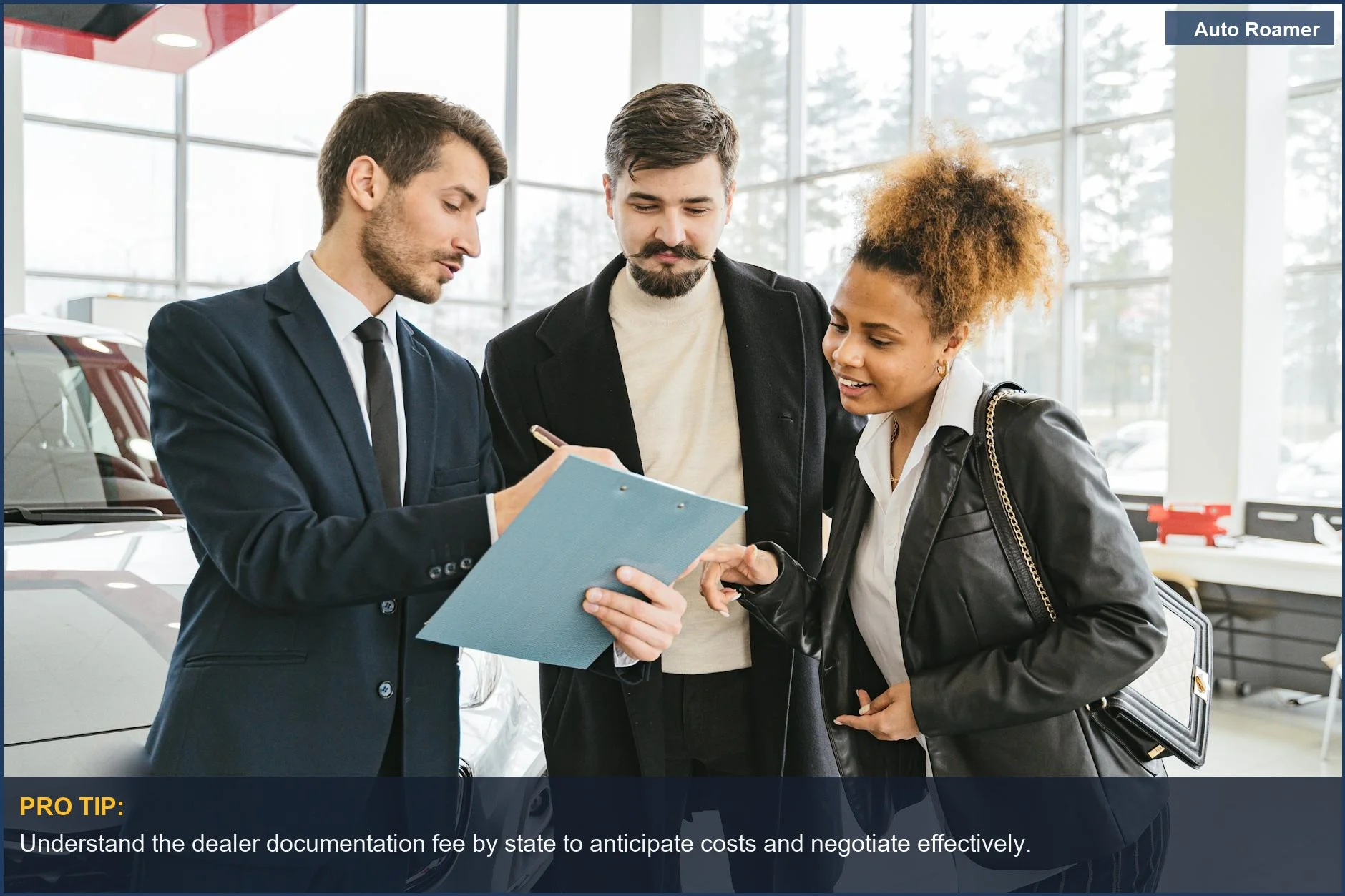 Business professionals discuss car purchase details, highlighting the dealer documentation fee by state variability.
