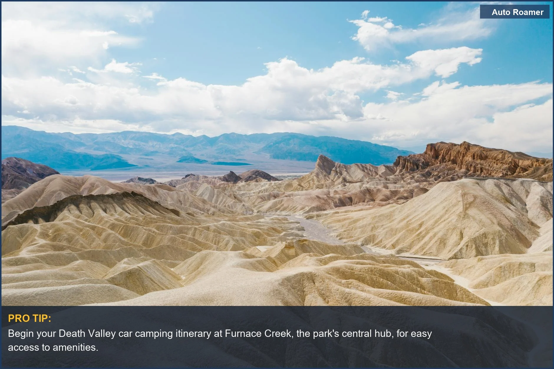 Rugged desert hills and vast arid landscapes of Death Valley National Park, ideal for car camping.