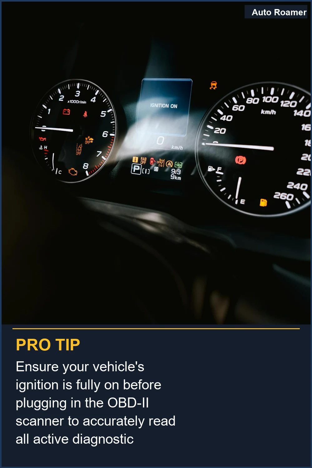 Ensure your vehicle's ignition is fully on before plugging in the OBD-II scanner to accurately read all active diagnostic trouble codes.