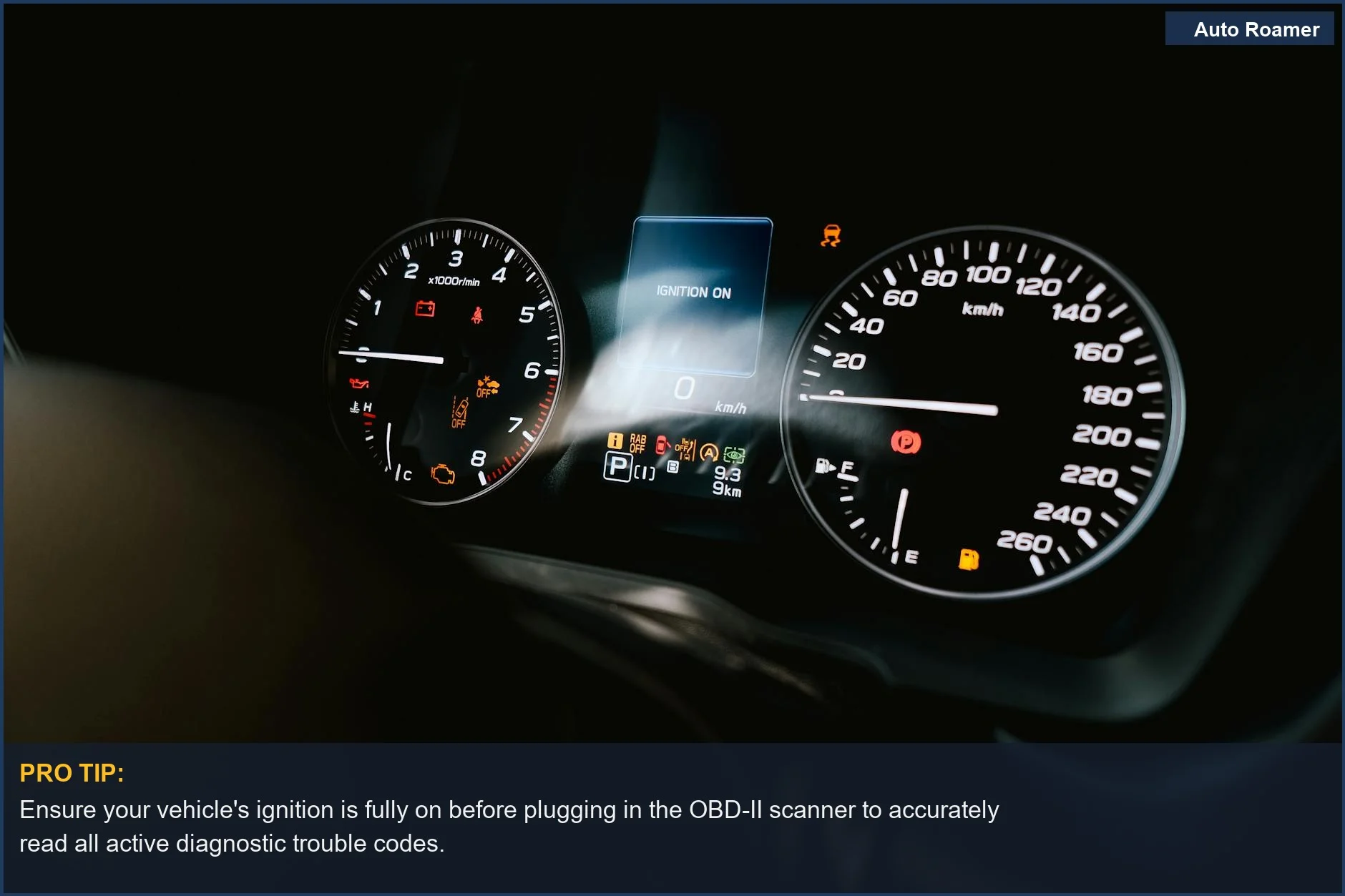 Detailed car dashboard with speedometer, tachometer, and active warning lights, ready for check engine light diagnosis.