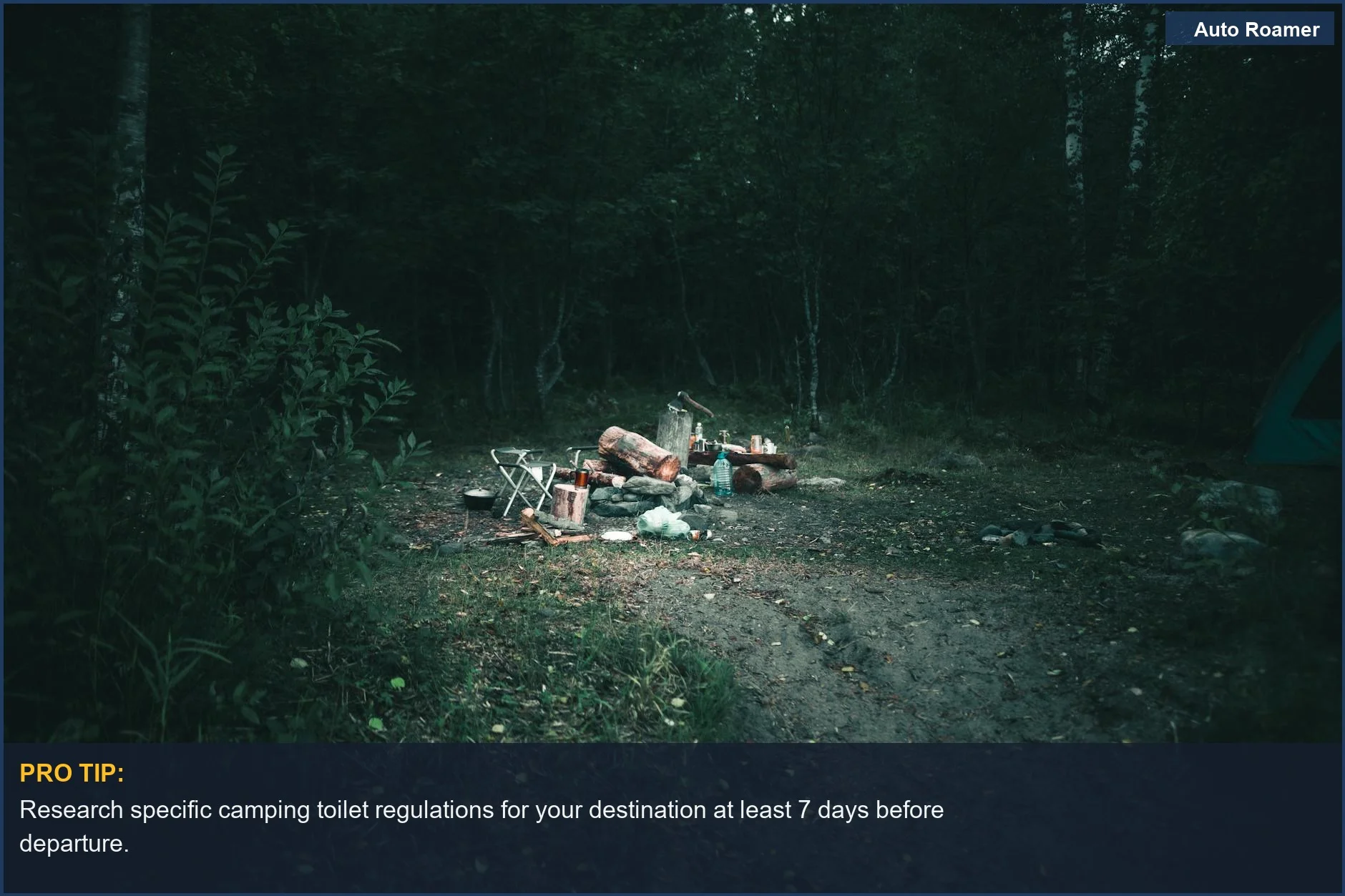 Abandoned campsite in a forest with trash, illustrating the consequences of poor camping toilet regulations.