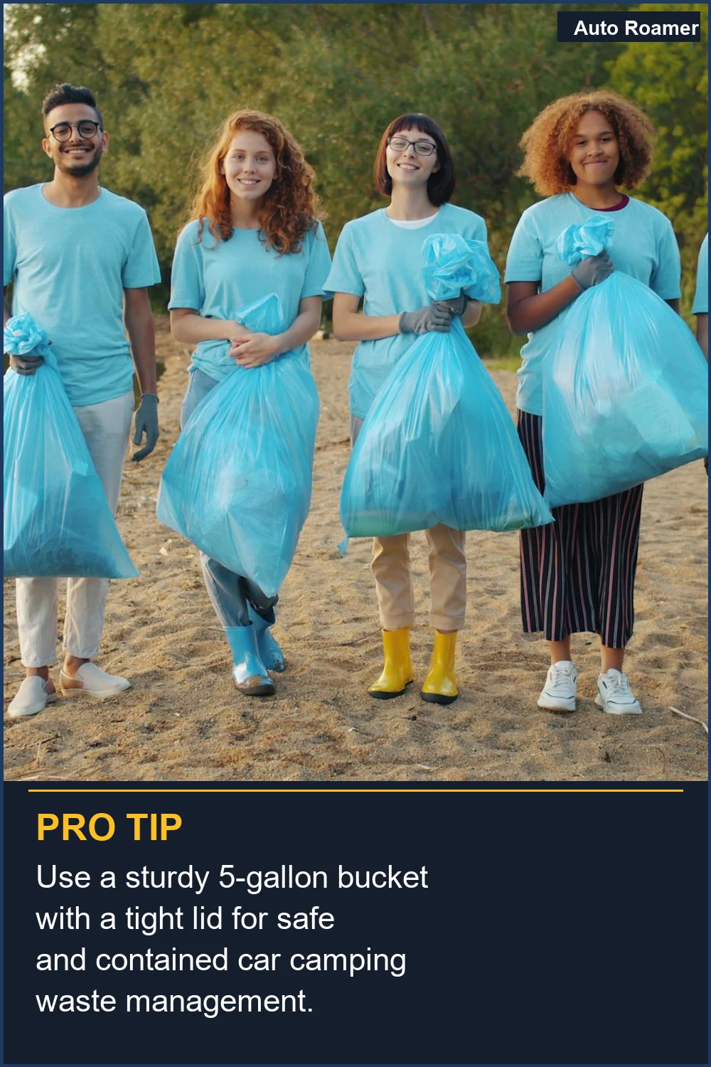 Use a sturdy 5-gallon bucket with a tight lid for safe and contained car camping waste management.