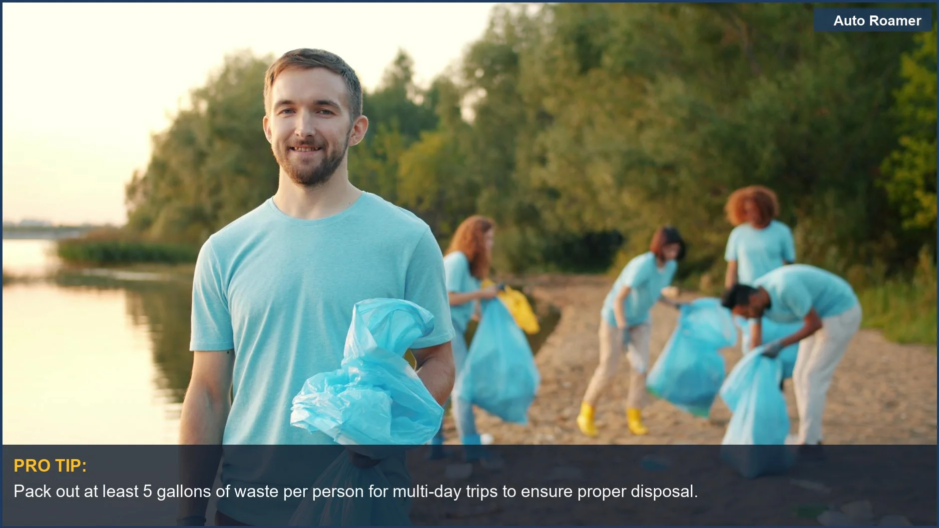 Volunteers cleaning a riverbank with blue bags, demonstrating responsible portable toilet waste disposal.