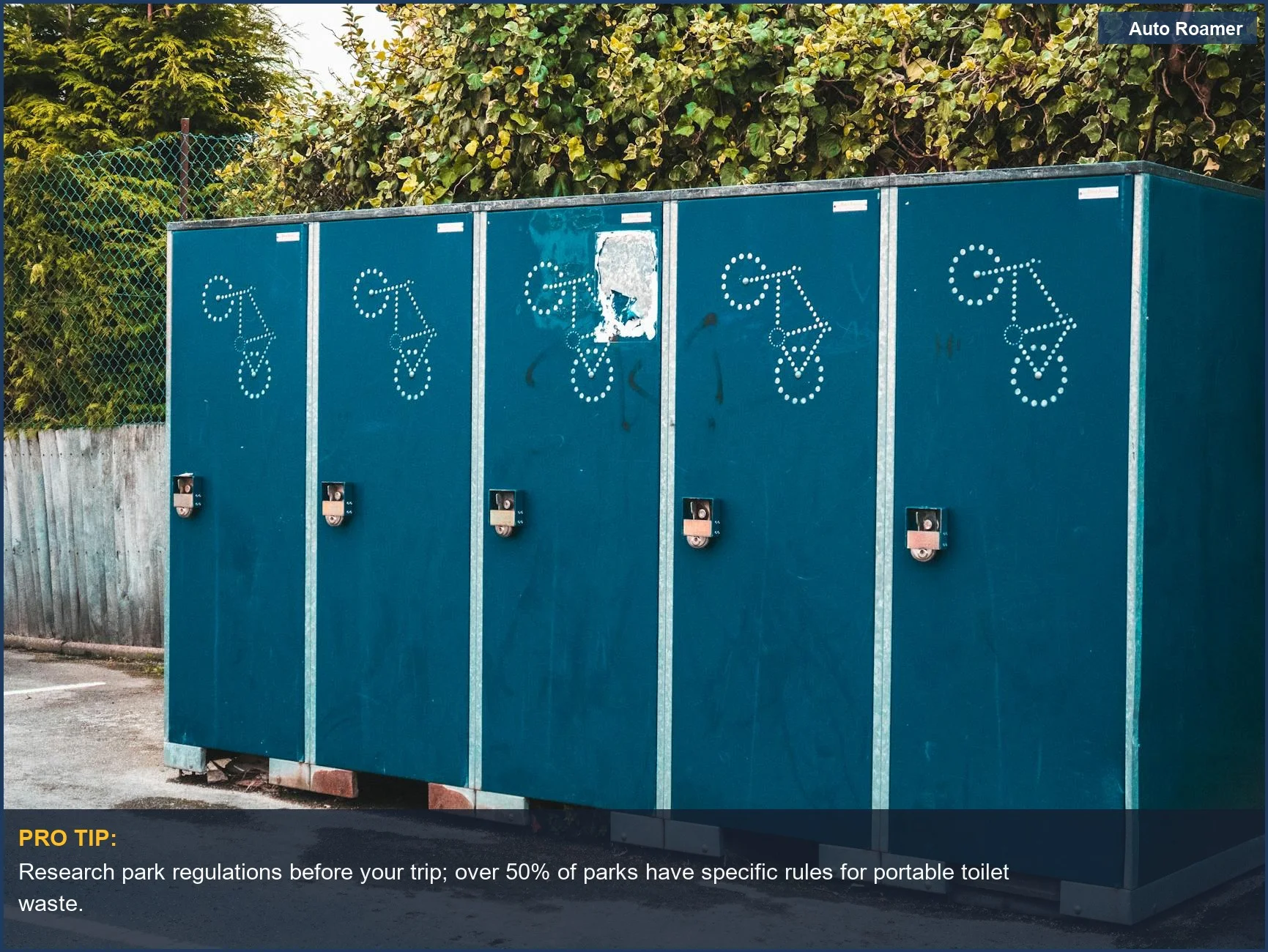 Row of outdoor blue portable toilet containers against a leafy backdrop, showing setup options for car camping hygiene.