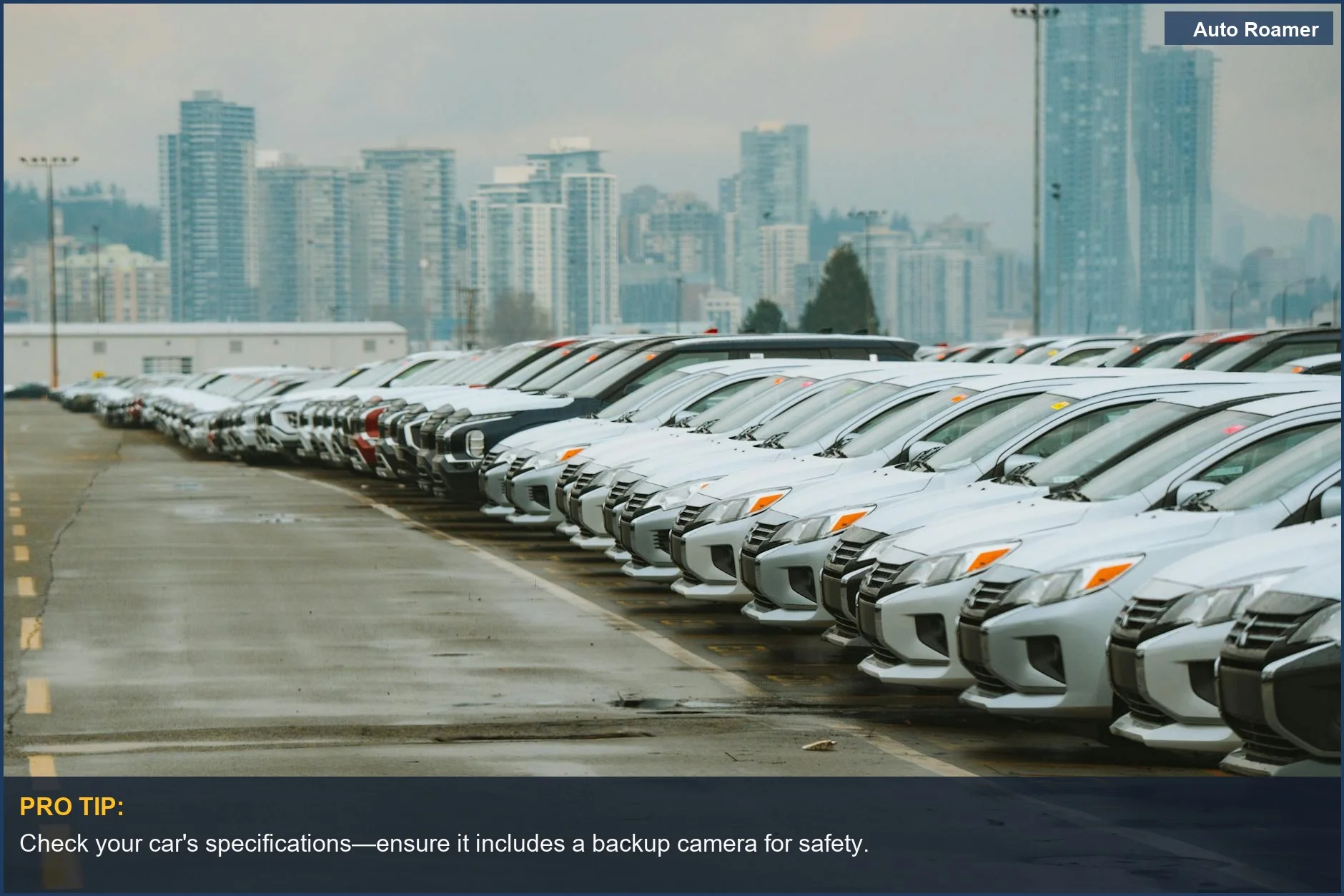 White cars parked in a lot with a city skyline in the background.