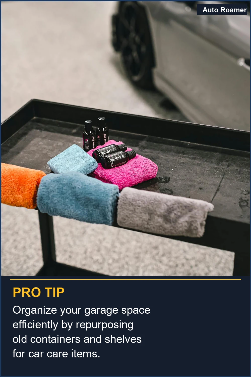 Organize your garage space efficiently by repurposing old containers and shelves for car care items.