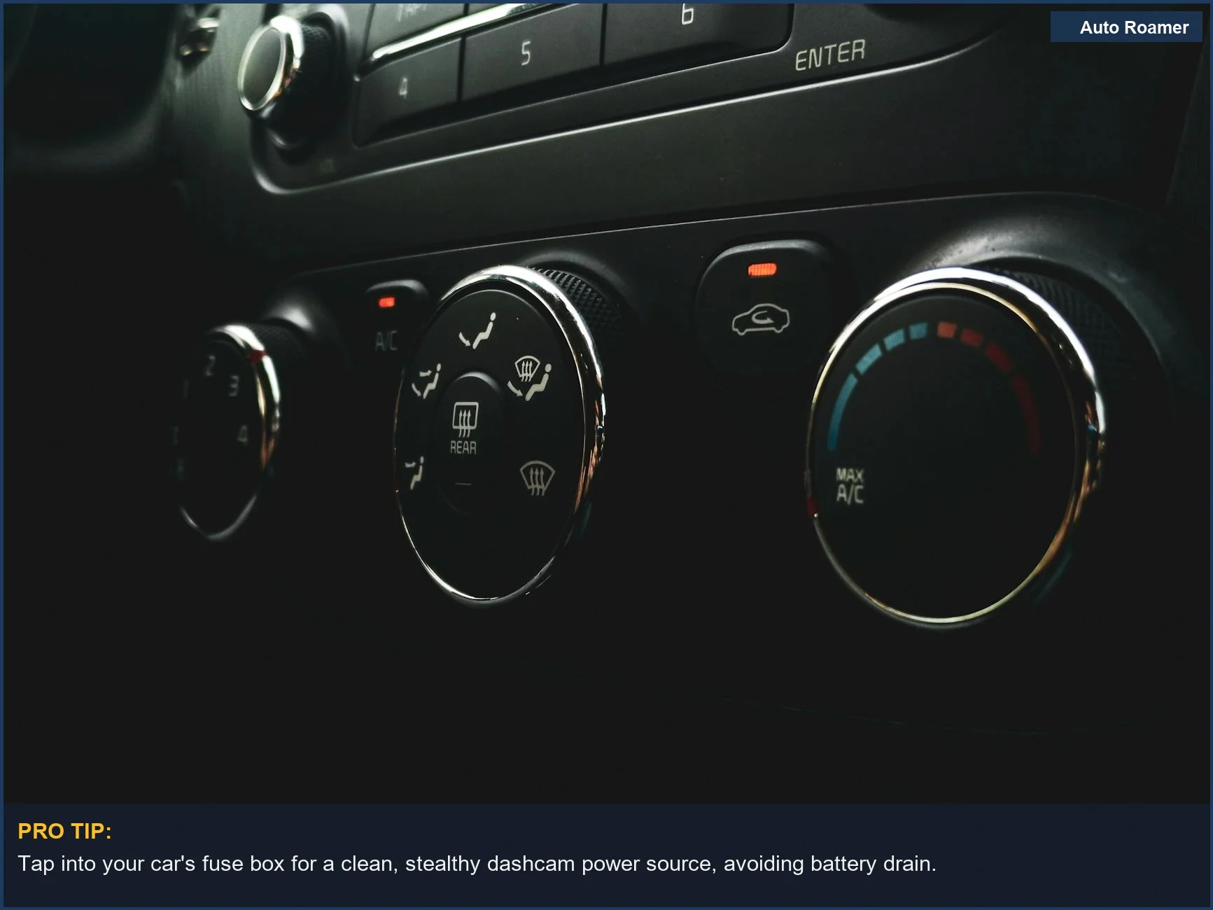 Close-up of car dashboard buttons and dials for stealthy dashcam power cable routing.