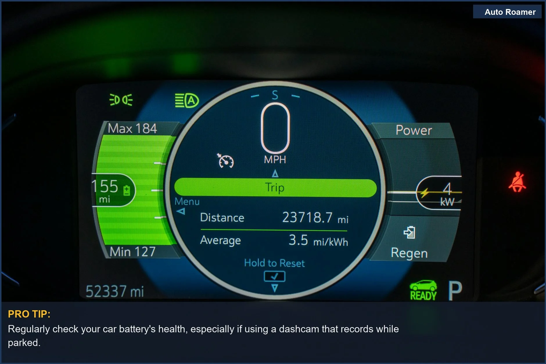 Electric vehicle dashboard showing battery range, relevant to dashcam power drain on car battery.