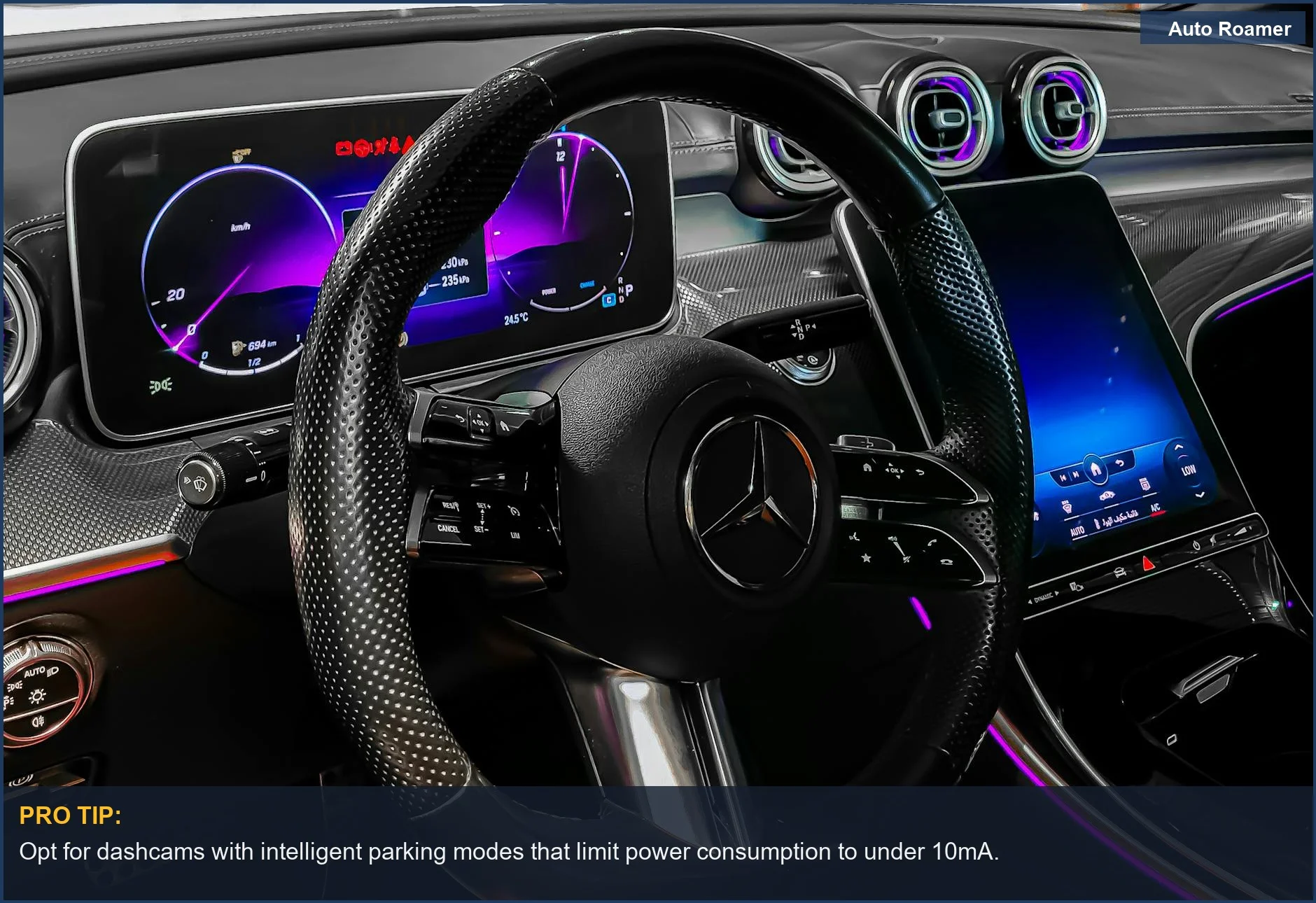 Sleek electric vehicle interior with digital dashboard, illustrating dashcam power usage on car battery.