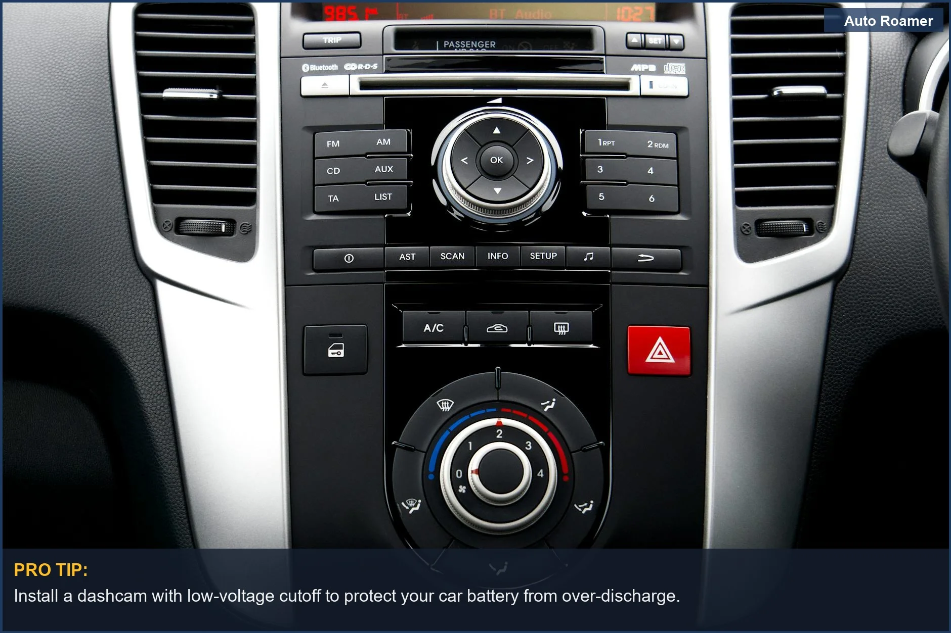 Close-up of a car's advanced dashboard technology, showing how dashcams can drain car battery.