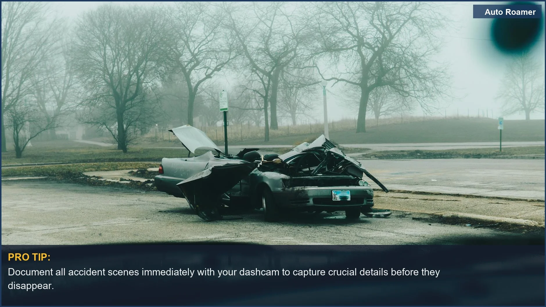 Foggy Chicago street with a severely damaged car, illustrating the need for dashcam evidence in insurance claims.